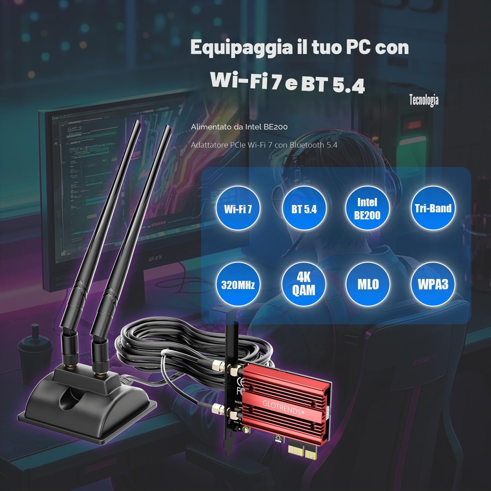 GLOTRENDS WiFi 7 Scheda con antenna di estensione da 2 metri per PC desktop, Intel BE200NGW, compatibile solo con Windows 11 24H2 o versione superiore (non supporta la scheda madre AMD)