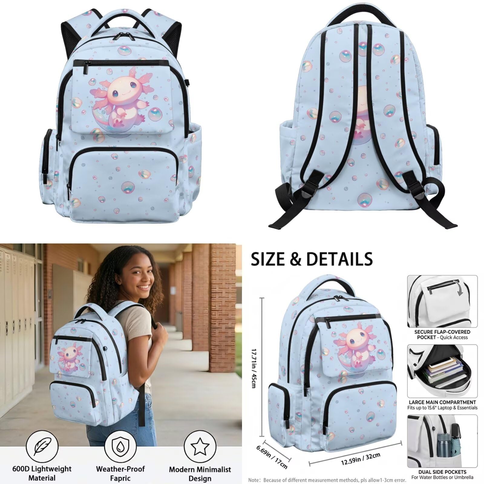 Howilath Set zaino per bambini per ragazze e ragazzi elementare scuola media 4 pezzi con portapranzo astuccio astuccio bottiglia d'acqua Mochilas Escolares Para Niñas, Bolle Axolotl, L, Classico