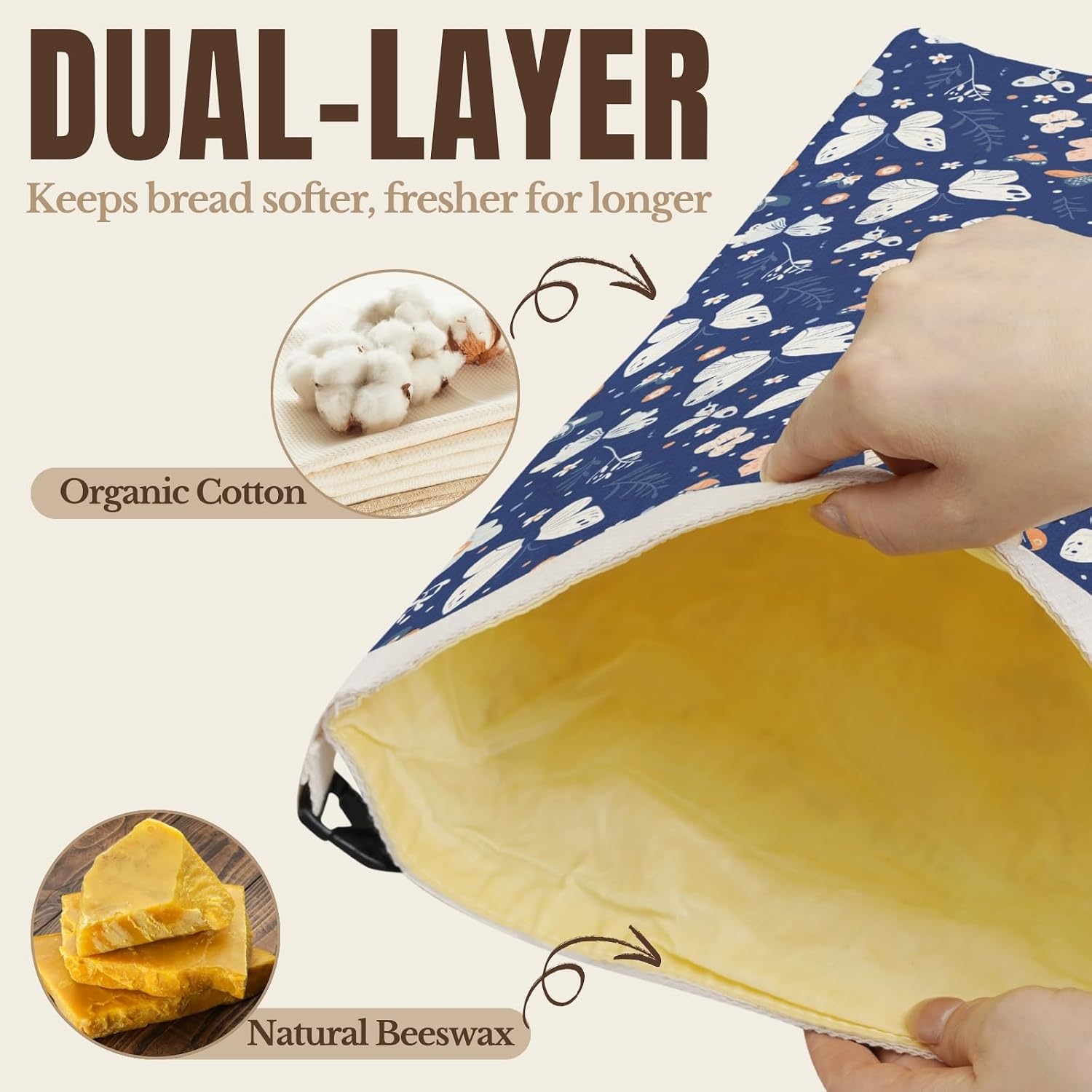 InnoBeta Beeswax Bread Bags for Sourdough & Homemade Bread, 2 Pack Reusable Cotton, 17"x13", Blue Butterfly image 2