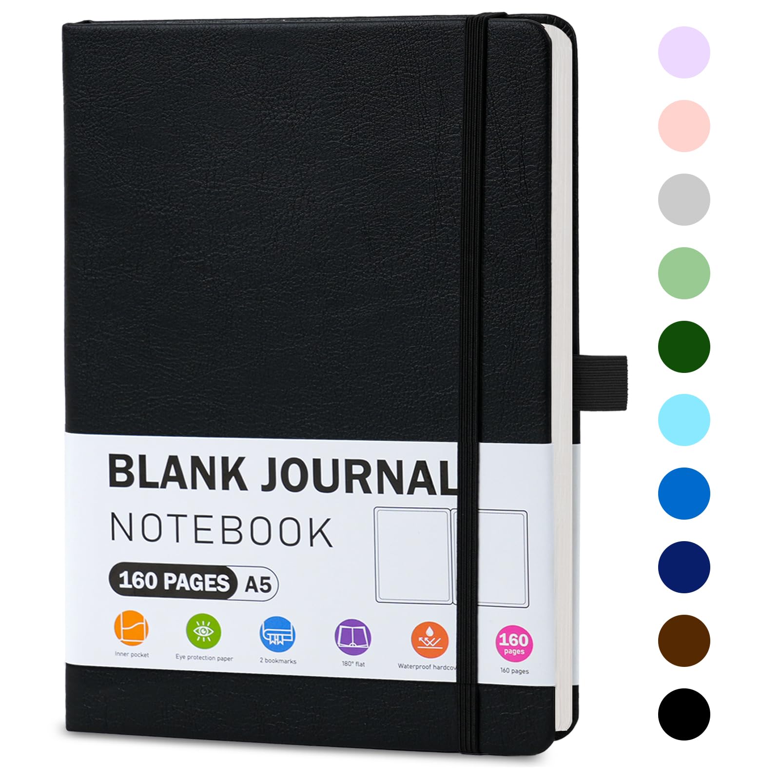 EOOUT Blank Journal Notebook for Women Men, 5.7'' X 8.3'' 160 Pages 100gsm Paper Black Leather Hardcover Notebooks, A5 College Blank Paper with Pen Loop Notebook for Student, Office, School