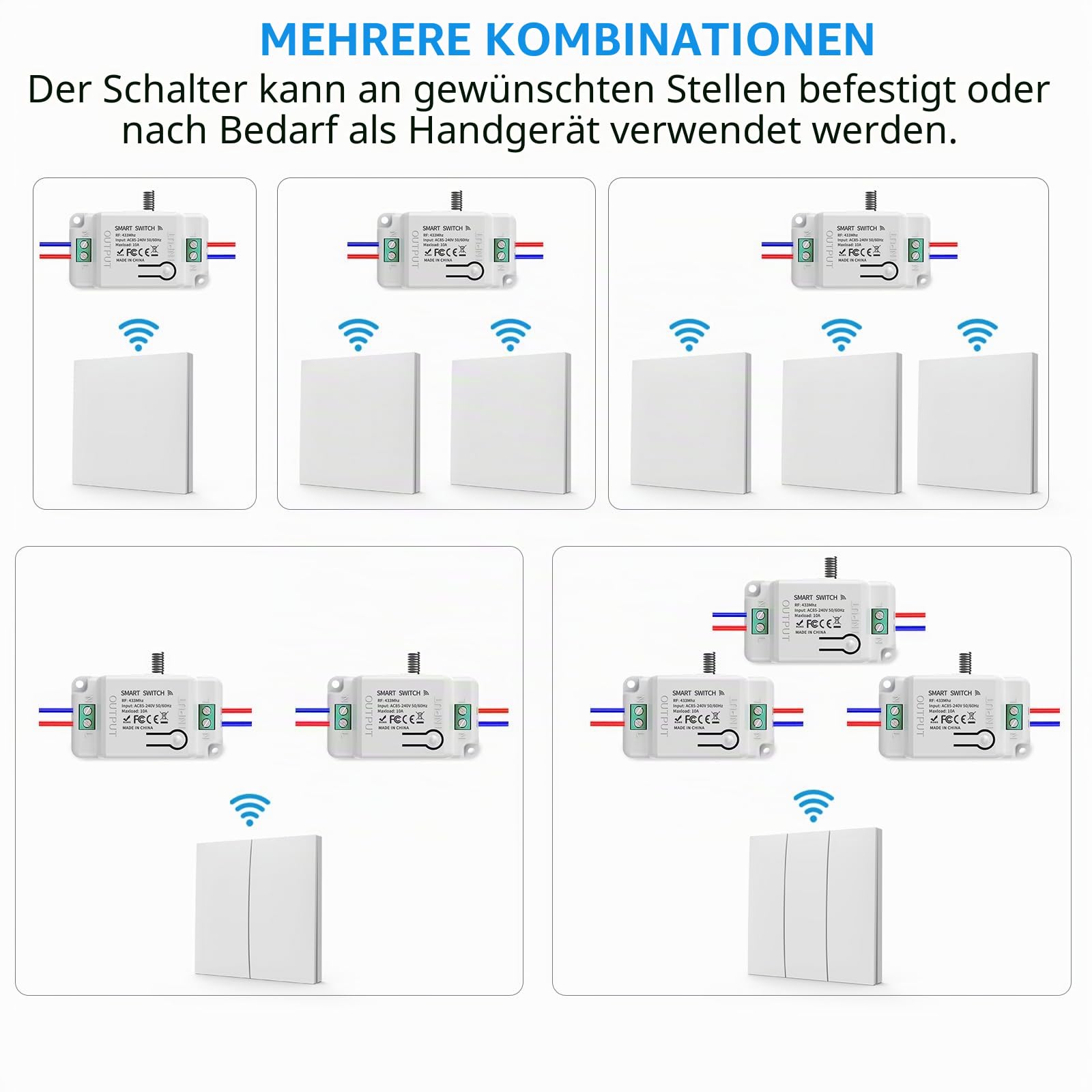 KADMOS Funk-Lichtschalter Set,selbstversorgt Funk Lichtschalter,Drahtloser Schalter- keine Batterie erforderlich,automatischer Rebound-Schalter,keine Verkabelung erforderlich (3key 3receiver-White)