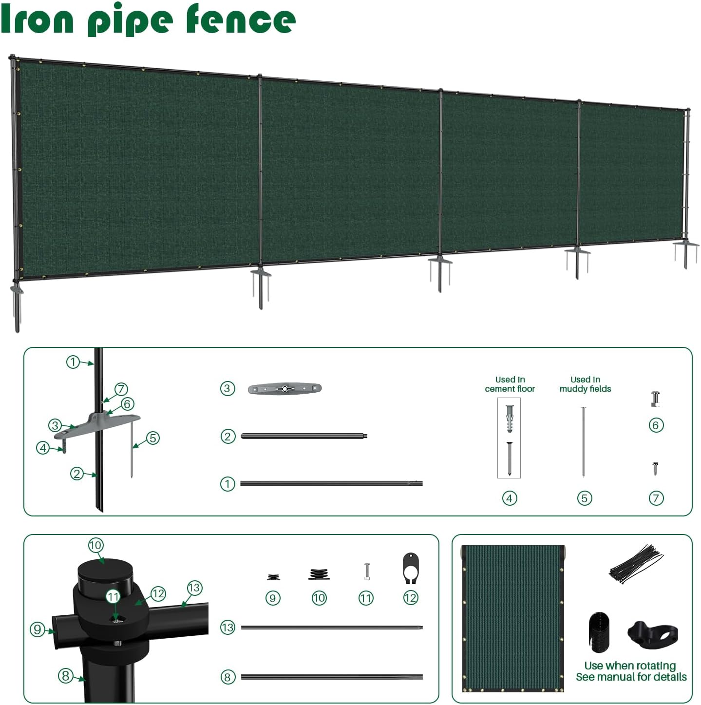 6'Hx12'W Outdoor Freestanding Privacy Screen Fence Panels with Iron Poles, Mesh Shade Net Cover Temporary Fencing for Patio Backyard Garden Deck, Green
