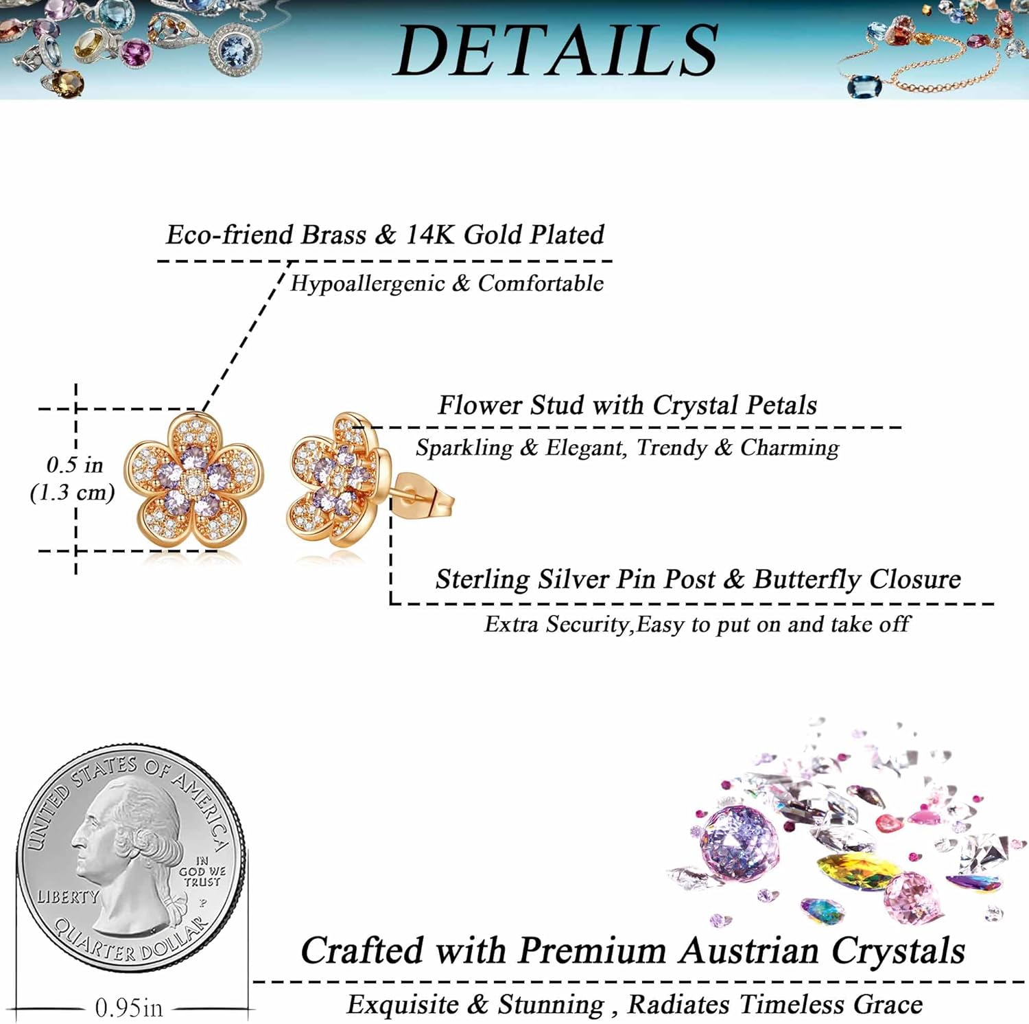 Austrian Crystal Flower Stud Earrings for Women 925 Sterling Silver Hypoallergenic Fashion Jewelry - Image 4