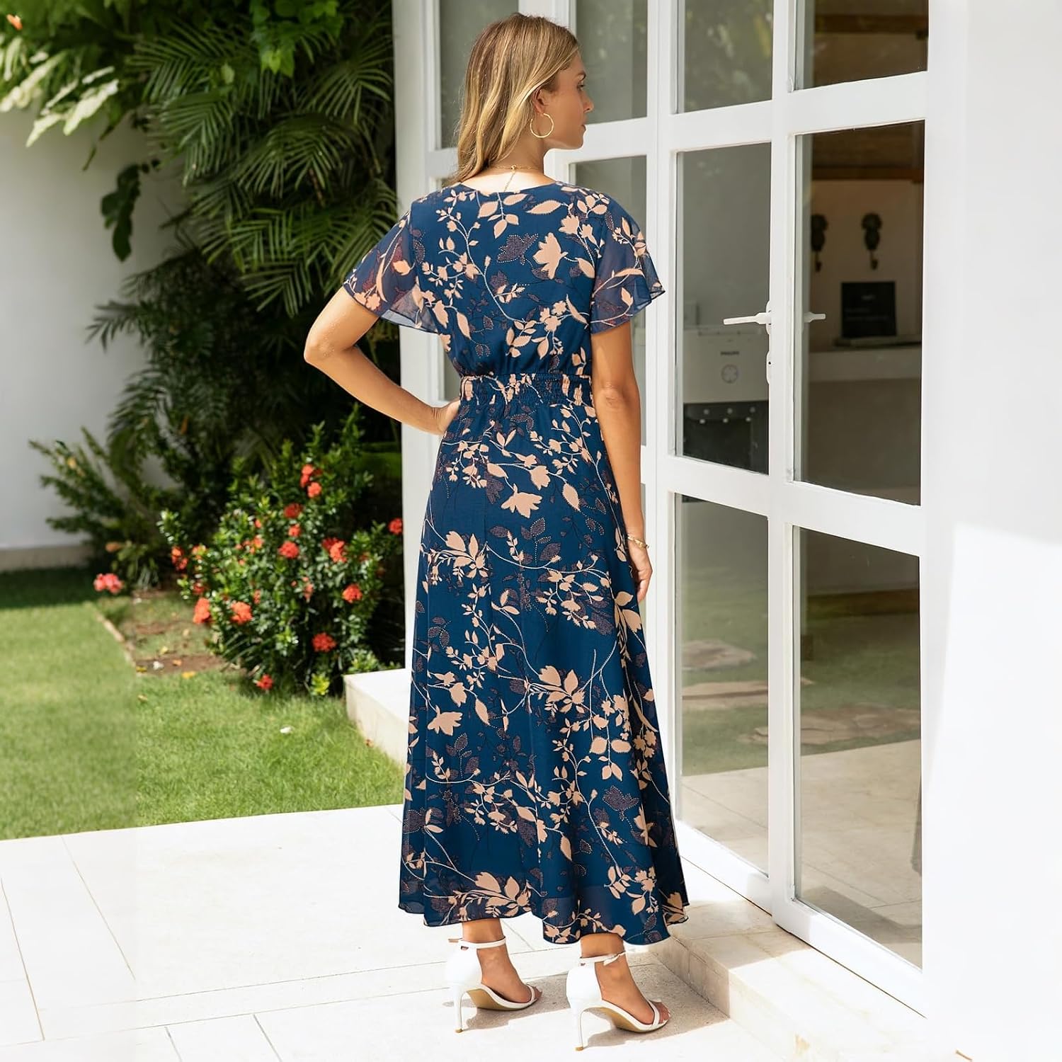 Women Summer Short Sleeve Floral Maxi Dress Flutter Sleeve Smocked Waist Flowy A-Line Beach Vacation Sundress image 3