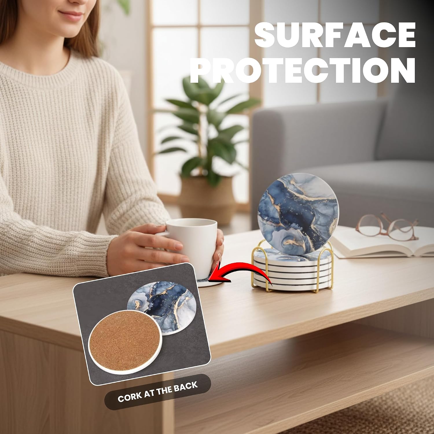 6 Pcs Navy Blue Marble Abstract Ceramic Coasters with Holder – Premium Drink Coasters, 600g Elegant Modern Design for Home, Office, Bar & Dining Table Protection