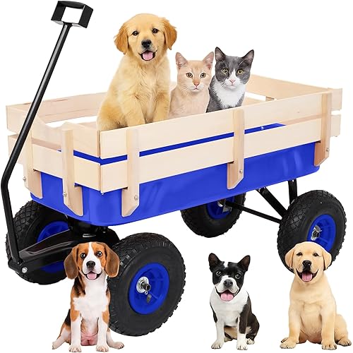 Outvita All-Terrain Cargo Wagon with 10'' Air Tires, Steel Structure Wagon with Removable Wooden Side Panels for Kids, Garden and Cargo, Up to 220lbs Capacity, 38'' L x 19'' W x 31'' H (Blue)