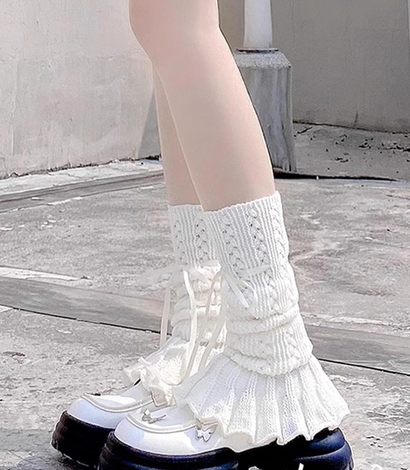 SherryDC Girl's Cute Knit Leg Warmers Kawaii Bowknot Ruffled Trim Knee High Leg Sleeve Socks Women - Image 7