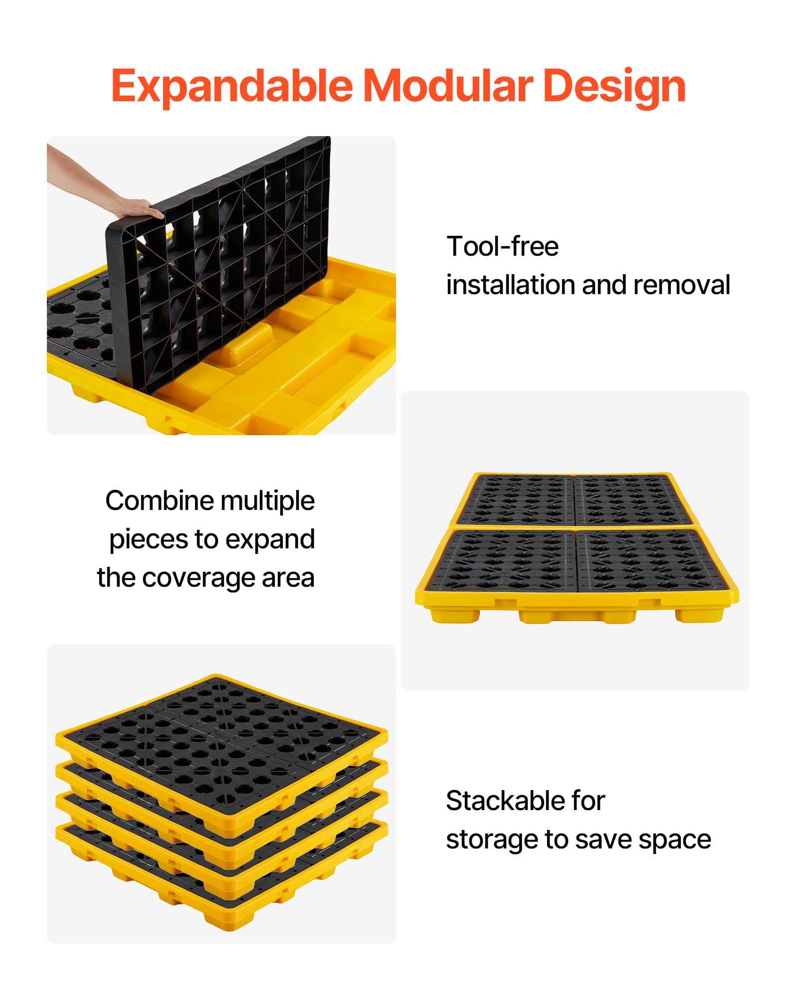 VEVOR Palette de Rétention pour 4 Fûts, Bac de Rétention avec Caillebotis et Drain, Plateforme de Déversement en PEHD à Profil Bas, Capacité 117,4 L, Charge Maximale 4000 kg, 1305x1280x150 mm, Jaune