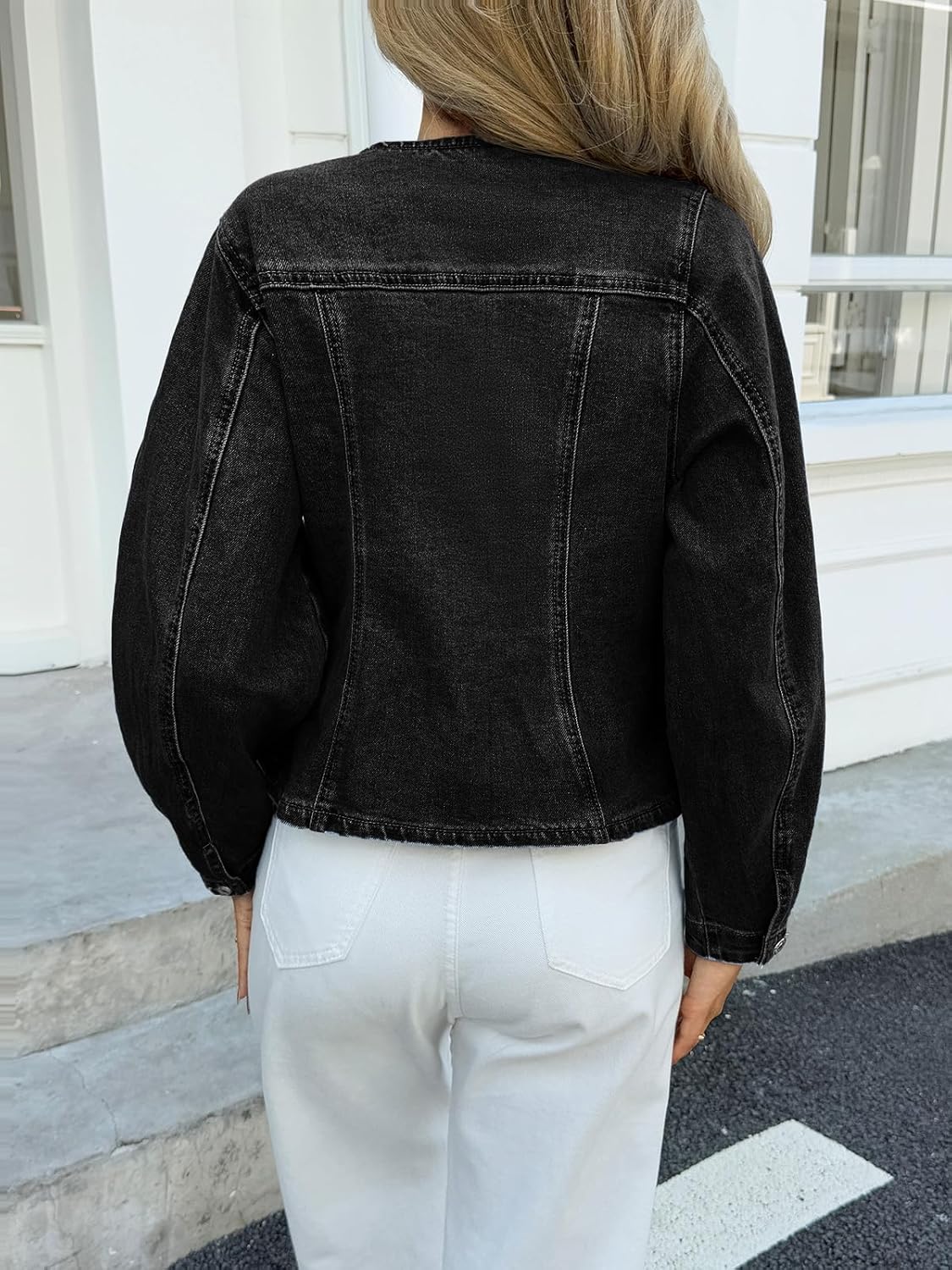 Tankaneo Womens Cropped Jean Jacket Trendy Crewneck Button Down Short Denim Jacket Y2k Slim Fit Casual Shacket - Image 4