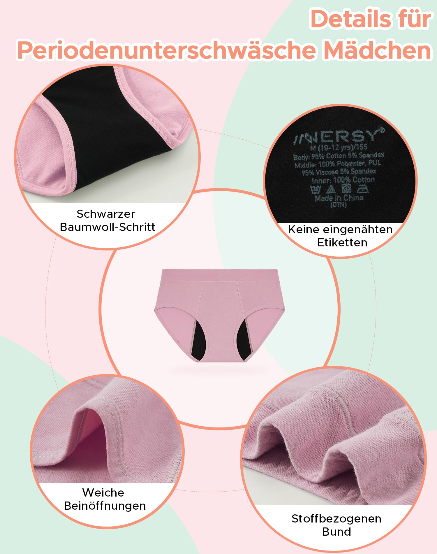 INNERSY Mutande Mestruali Ragazza Flusso Abbondante Slip Ciclo Mestruale Cotone 10-18 Anni Pacco da 3