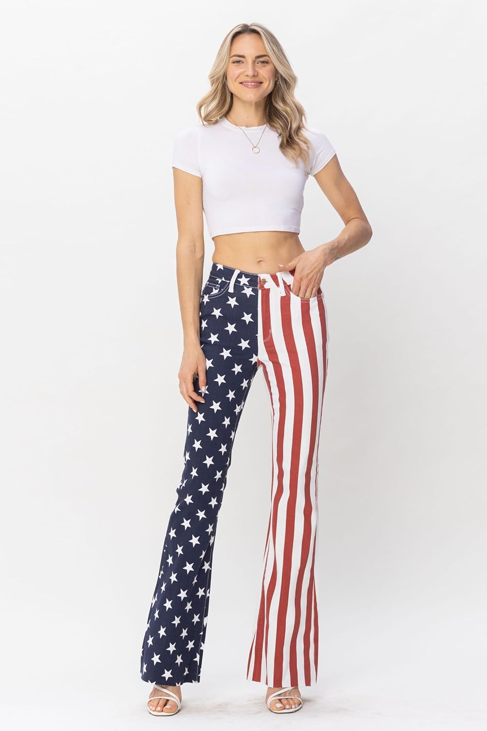 Judy Blue Women's American Flag Print Flare Jeans - Patriotic Red, White, and Blue Denim with Retro Flare 88560 (as1, Numeric, Numeric_15, Plus, Regular)