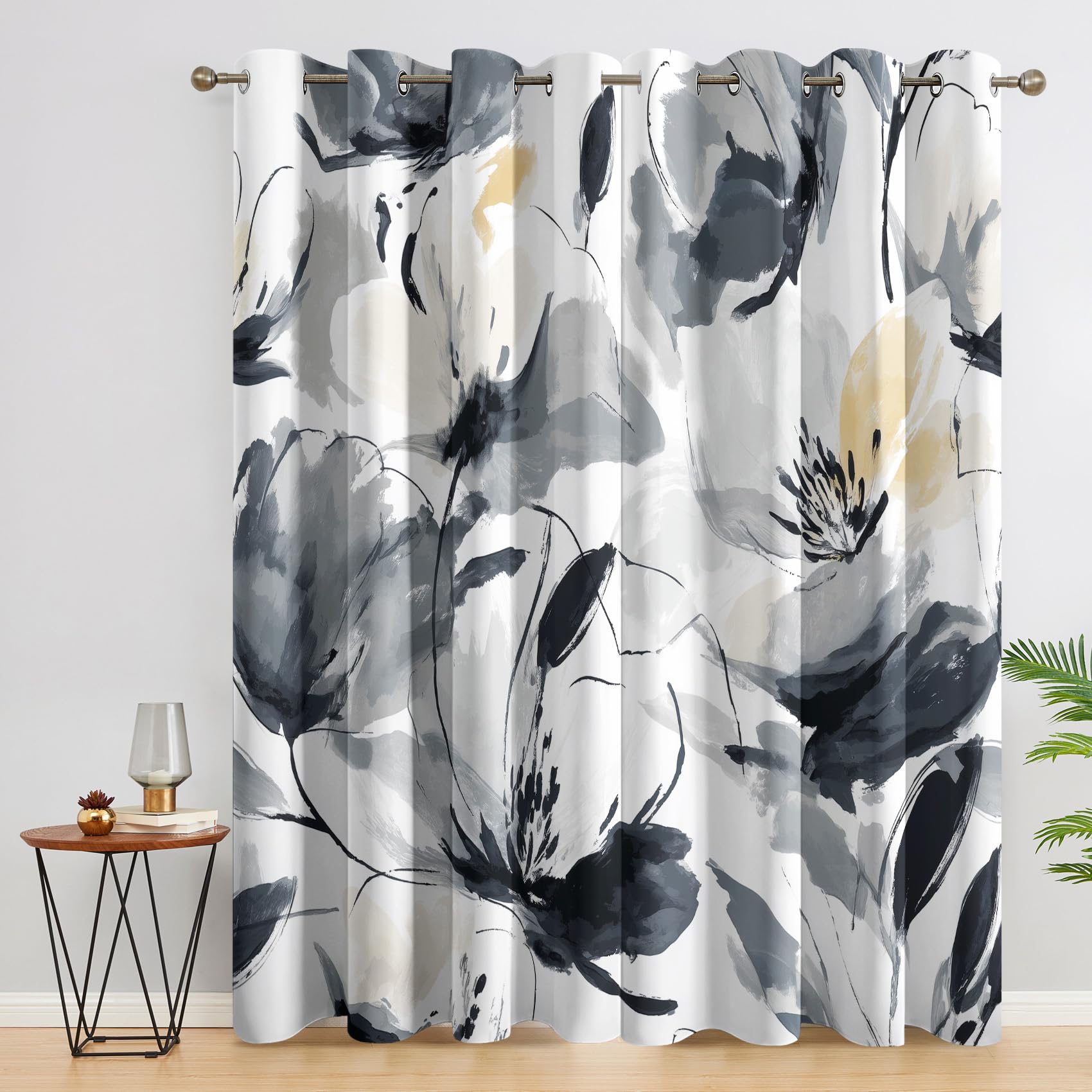 Rideau Occultant Floral Abstrait, Aquarelle Noir et Blanc Motif Rideaux Thermiques à Oeillets, Rideaux Imprimé pour Salon Chambre Fenetre Moderne Décoration, 140x180 cm (L x H), Lot de 2