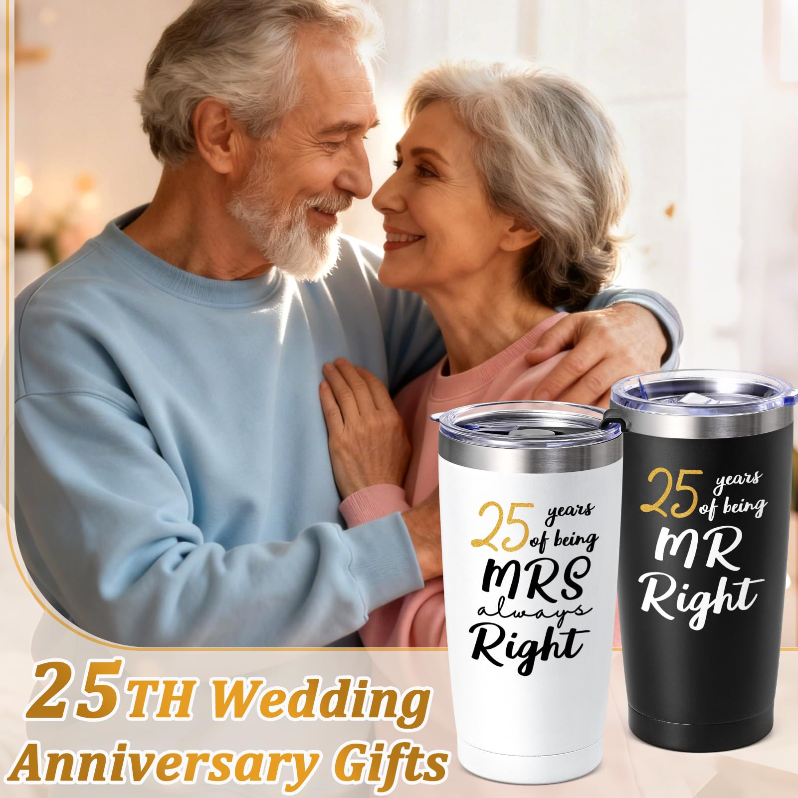 Lifecapido 25th Wedding Gifts, Couple Gifts for Parents Friends Hunsband Wife, 25th Mr Right & Mrs Always Right Tumbler Set with Lid & Straw(20oz, Black & White)
