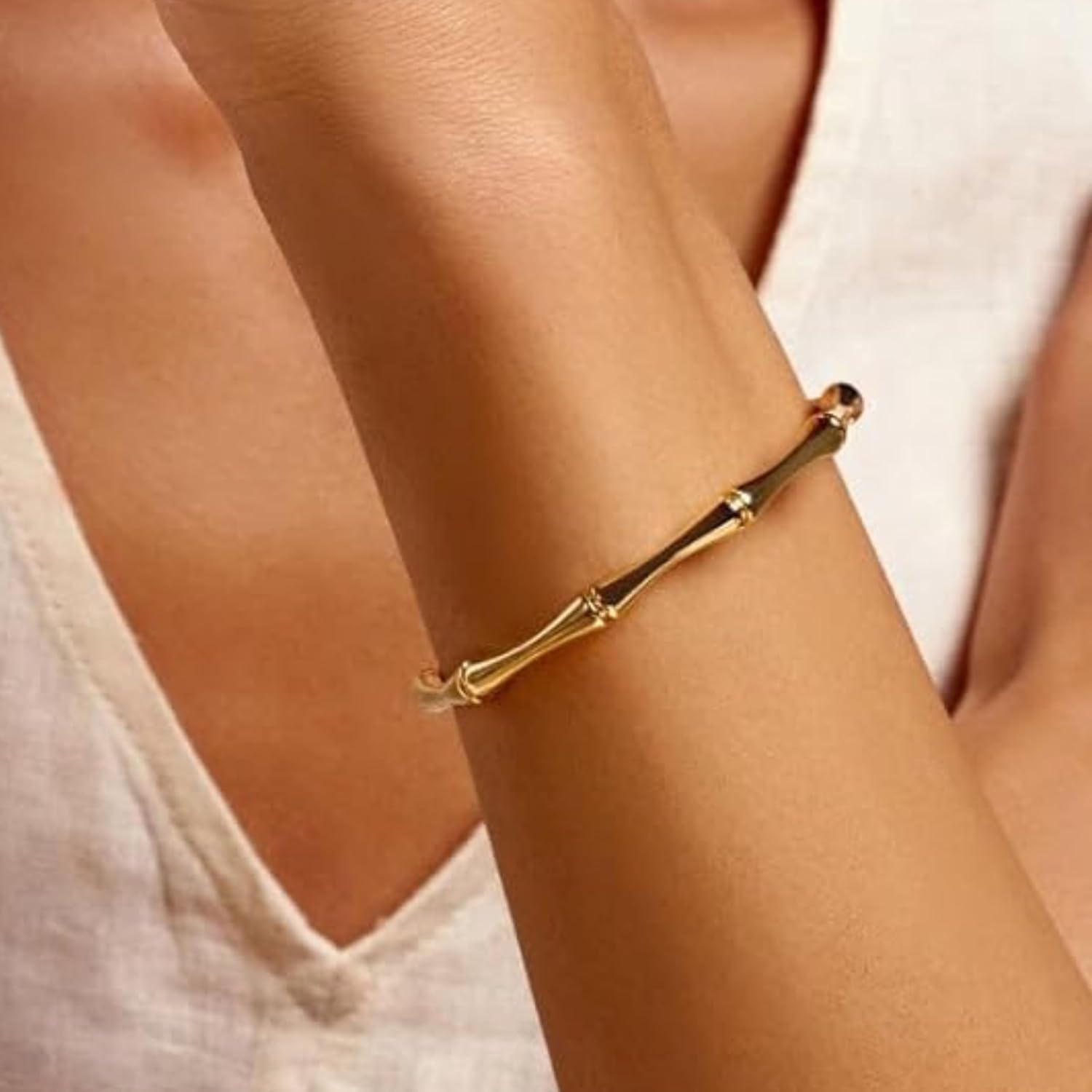 VÓEN Solara Gold Cuff Bracelet for Women - 14K Gold rounded Edge Wrist Cuff Bracelet - Adjustable from 6 inches to 7.5 inches - Modern Polished gold jewelry for Everyday Wear or Gifting - Image 2