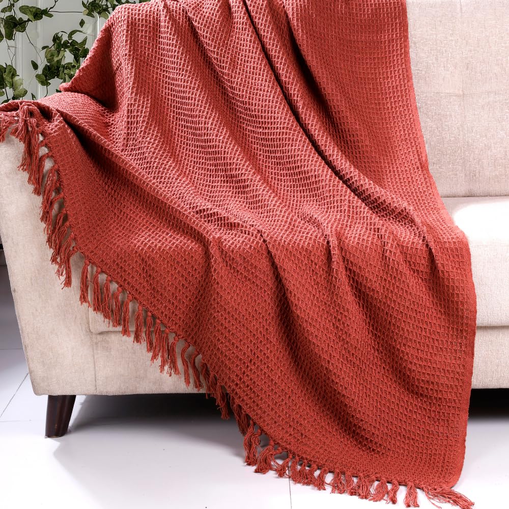 HOMADORN Waffle Weave Cotton Throw Blanket – Lightweight, Breathable & Cozy for Sofa or Bed (100% Cotton)(50X60 Inches) Rust