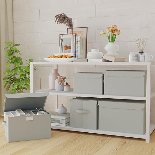 Miniatura 7 de XSNY12GS-4 - Contenedor de almacenamiento de tela con tapa, cajas de armario con tapa, cesta organizadora plegable apilable con 2 asas, para el