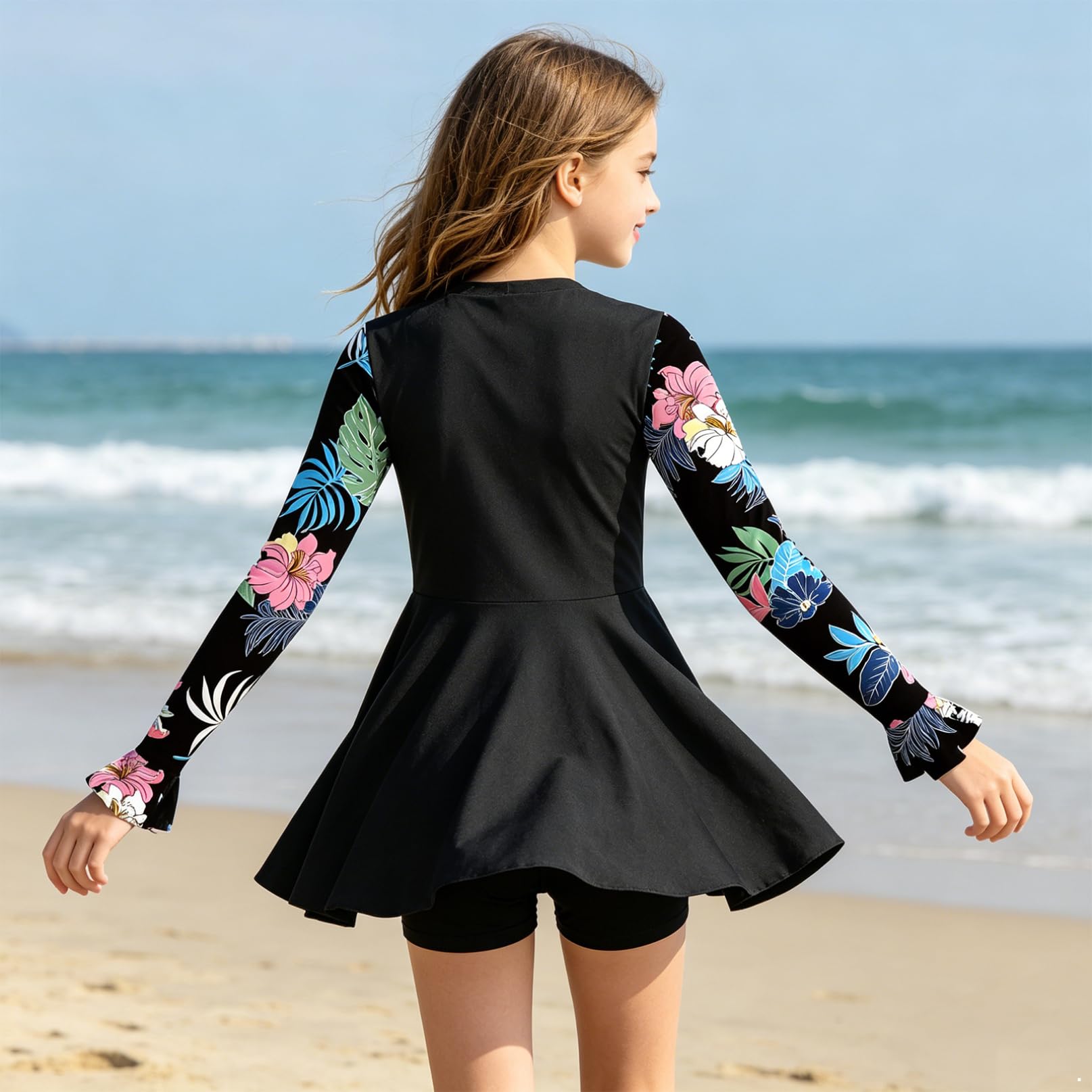 Bambini Vestito da Bagno per Bambina Stampa Floreale Vestito Bagno Costumi Mare One Piece Swimsuit da A Maniche Lunghe Gioco d'Acqua