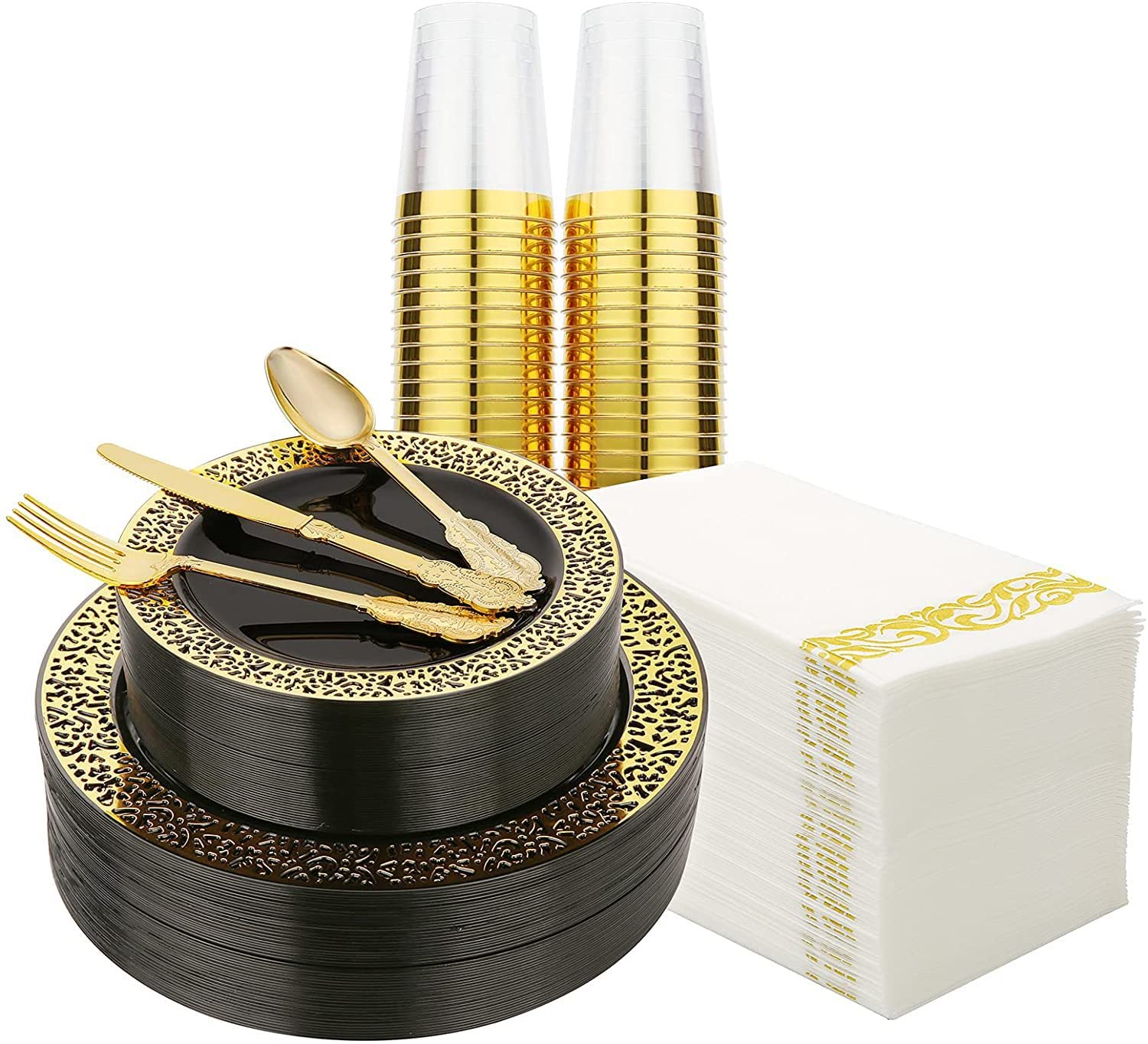 175 Pcs/set Black Gold Gold Upscale Wedding Dining Party Disposable Plastic Hollow-carved Cutlery Set, Party Supplies Plate, Spoon, Fork, Knife, Cup, Tissue, Cutlery (25 Guest) (Black Gold)