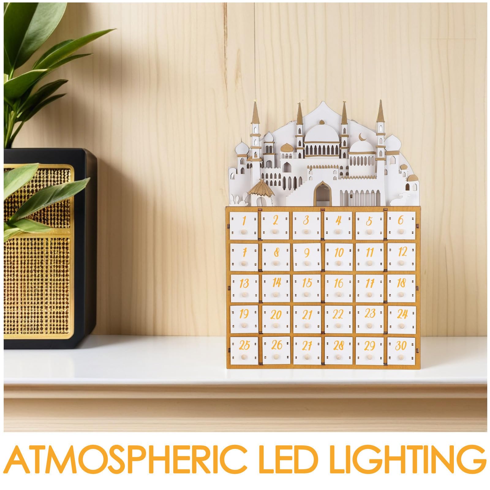 FOMIYES Calendario de Adviento con 30 Cajones de Madera de Ramadán y Luz LED para Cuenta Regresiva y Decoración de Fiestas en Festividades