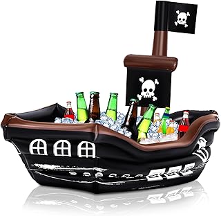 Zhanmai Inflatable Pirate Ship Drink Cooler Inflatable Serving Bar Food Container for Summer Carniva Mardi Gras Pirate Birthday Party Favor Supplies Decorations(Classic Colors,Skull Flag)