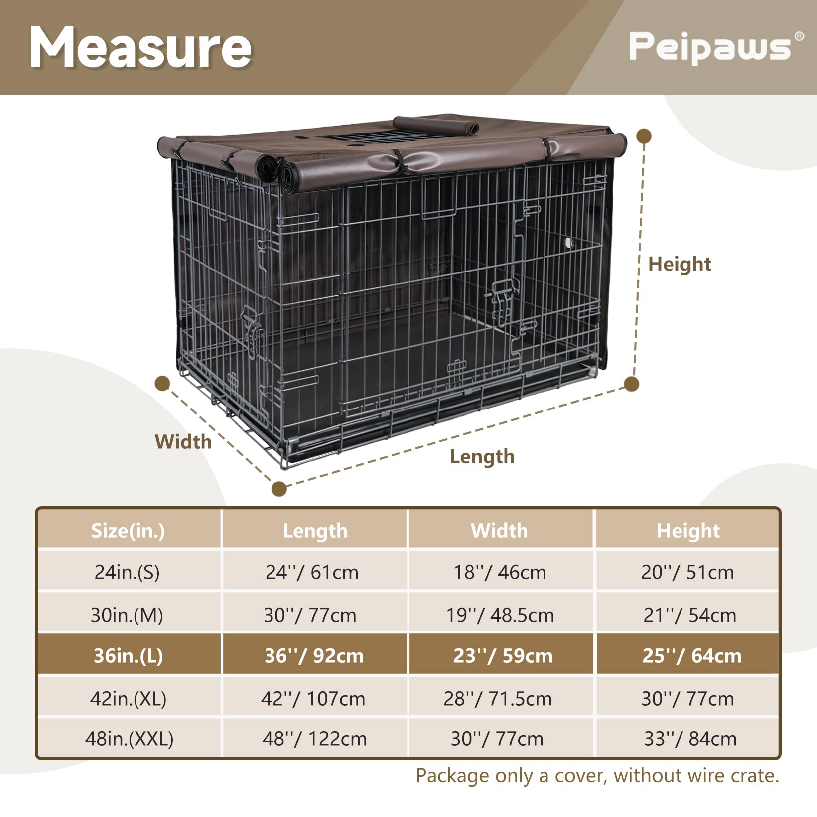 Abdeckung für Hundekäfige, 91,4 cm, 3 Türen, wasserdicht, 600D-Oxford-Gewebe, Käfigabdeckungen mit einer Wasserflaschendüse, damit Hunde jederzeit Wasser trinken können. Braun (nur Abdeckung)