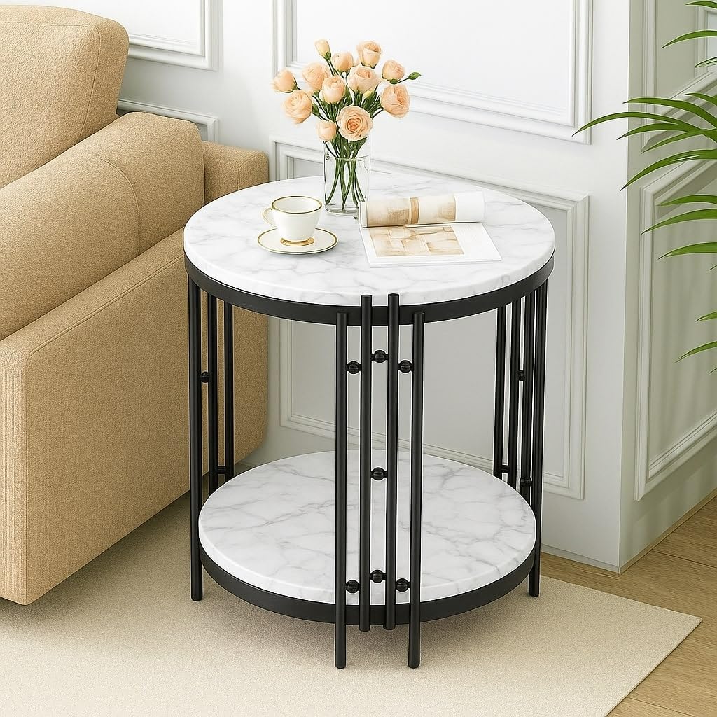 - Side Table End Tables Accent Gold Nightstand Round Metal Sofa Side Tables Cocktail Table Center Table with Gold Rim for Living Room Modern Small Couch Sofa Table (Black White)