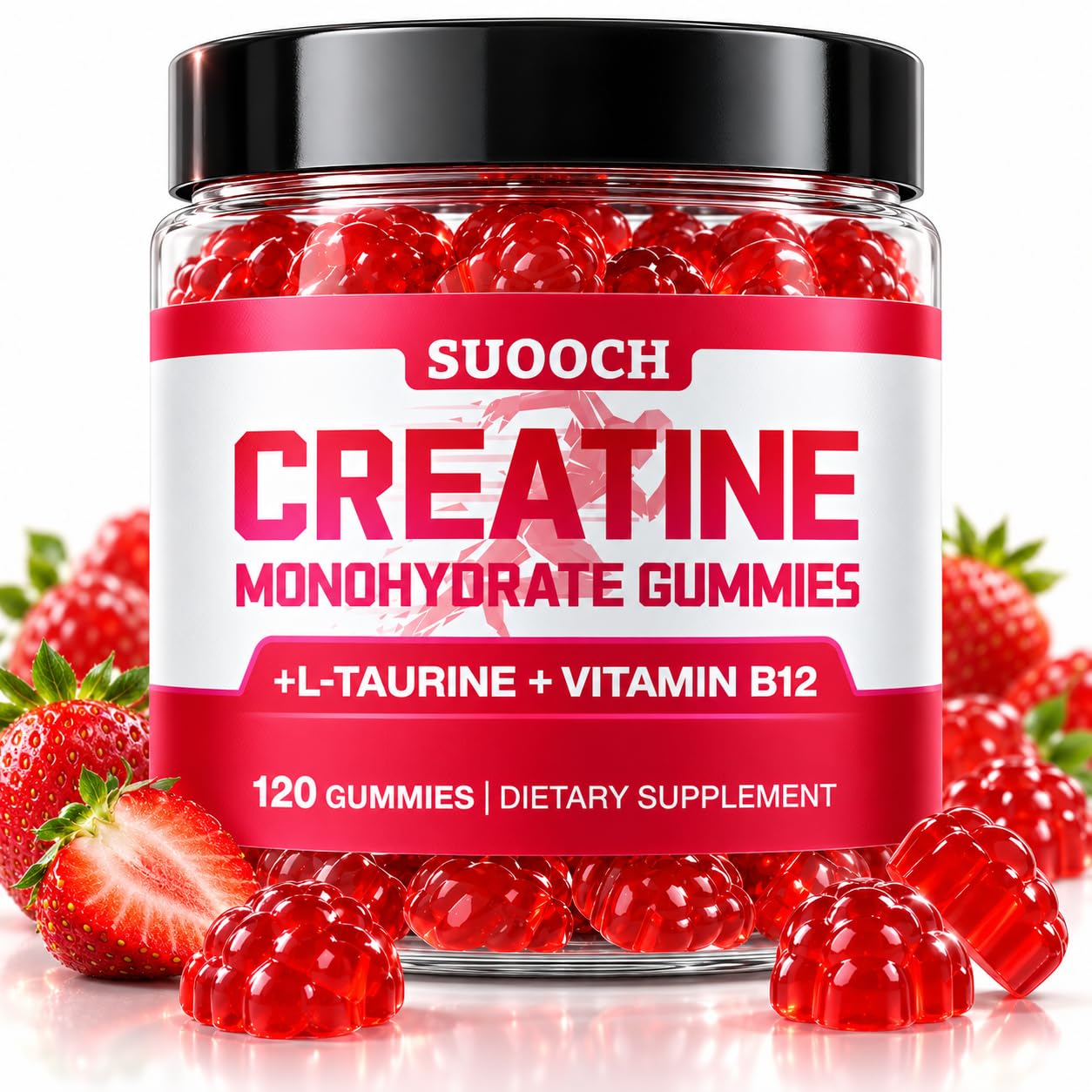 SUOOCH Gomas de creatina para mulheres, creatina monohidratada 5.000 mg, sabor morango, 120 gomas