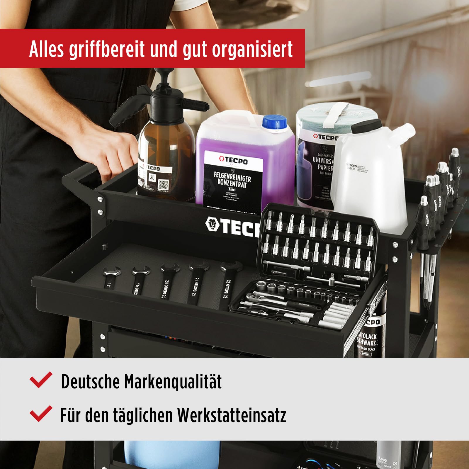 TECPO Werkzeugwagen Rollwagen mit 3 Ladeflächen - inkl. vormontierter Schublade und Antirutschmatten als Schaumeinlage zum Schutz, 300 kg Tragkraft - geeignet als Transportwagen