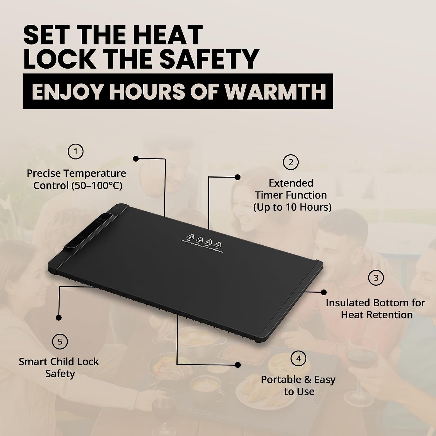 26"x15" Black Electric Food Warming Silicone Mat - 10 sec Fast & Even Heating Tray with upto 10 Hrs Timer, 50-100°C Adjustable Temp, Child Lock & Safety Edge - Portable Warmer Pad for Kitchen & Buffet