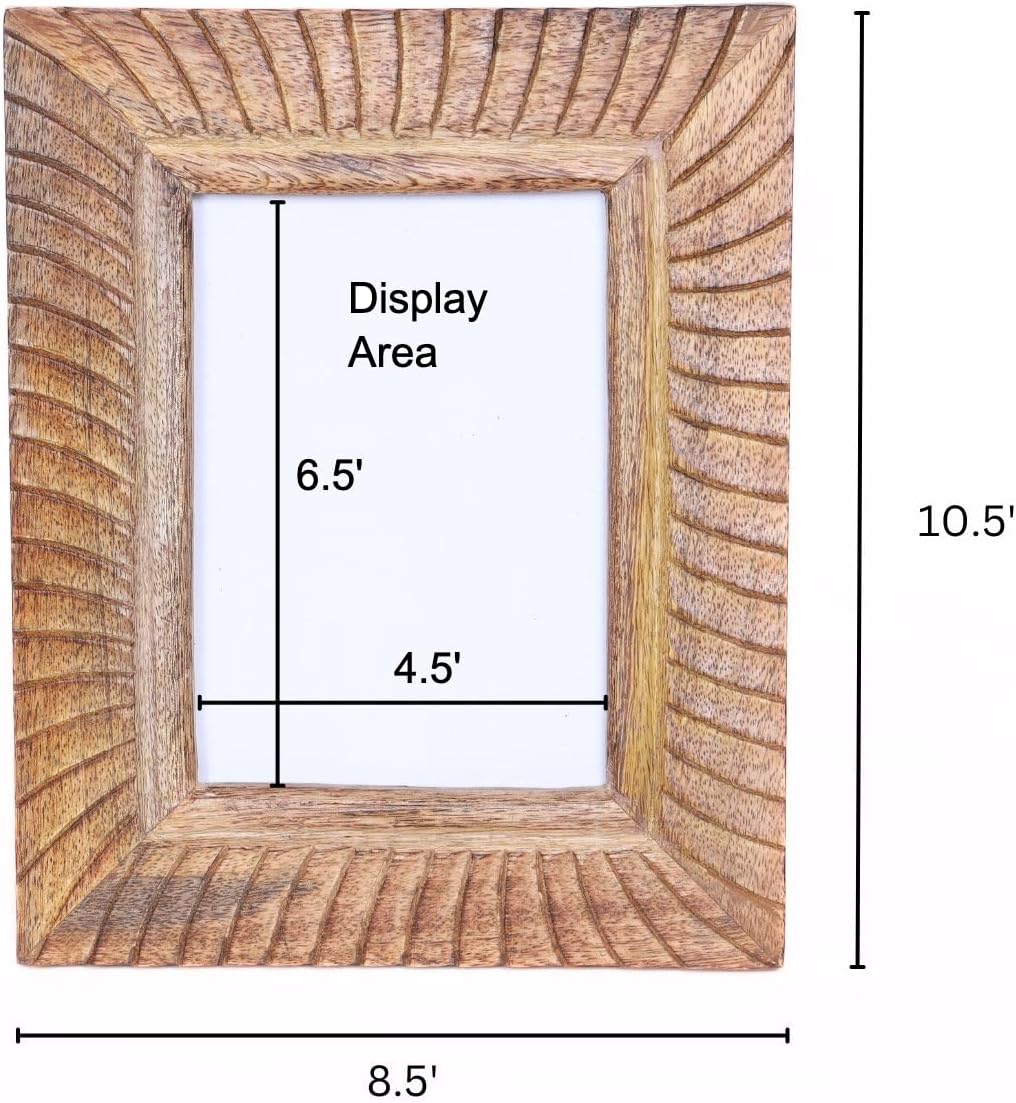 Hand Carved Mango Wood 5x7 Picture Frame with Real Glass – Brown Ridged Pattern Vintage Wood Frame for Tabletop or Wall Mount Use – Rustic Home Decor for Home & Memories