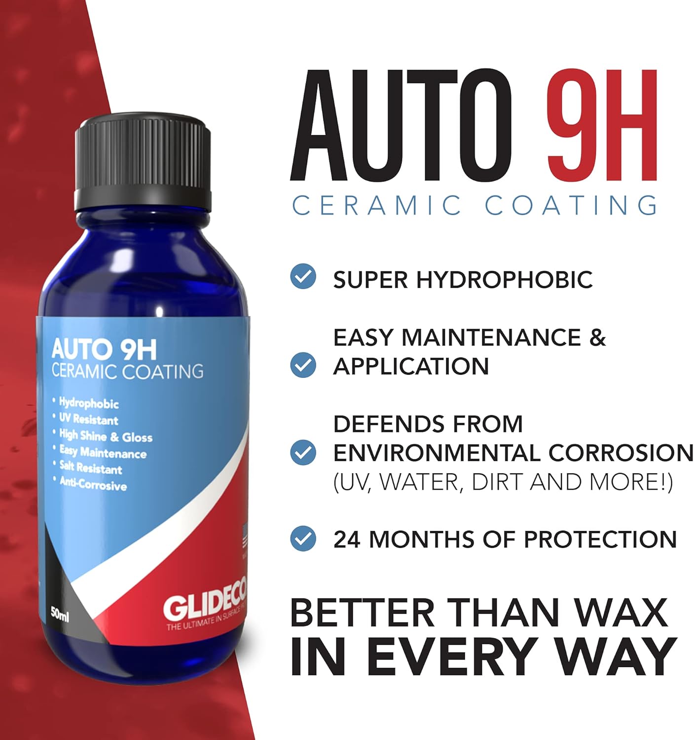 Glidecoat Auto 9H Ceramic Coating 50ML - Ceramic Coating Kit - Professional Protection with Easy Application! High Gloss - Extremely Hydrophobic
