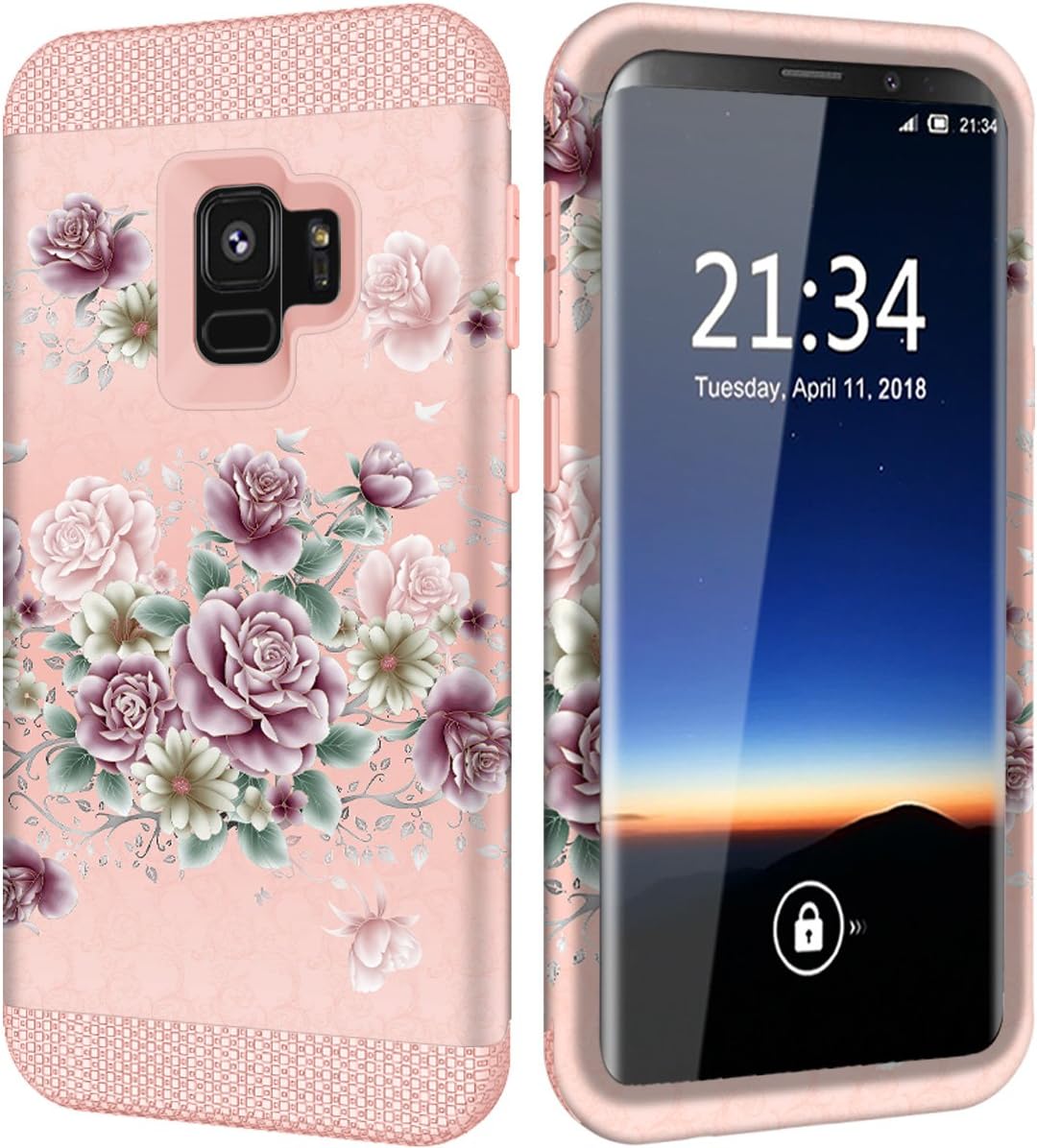 Hocase Galaxy S9 Case w/Unique Flower Pattern Design, Sturdy 3-Piece Heavy Duty Shockproof Protection Hard Armor Cover Rubbery Protective Case for Samsung Galaxy S9 2018 - Rose Gold Purple