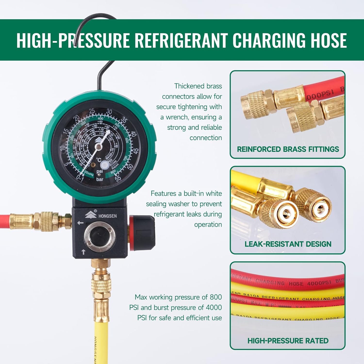 Hong Sen HVAC Gauges HS-M480AH Gauge, AC Gauge Set,Manifold Gauge Set for R410A,R134A,R22, Refrigerant Gauges