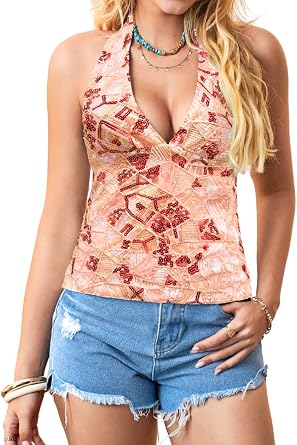 ChiaoLezhee Sequin Tank Top for Women, V Neck Halter Backless, Club Concert Festival, Sexy Beaded Tops Going Out Sparkly