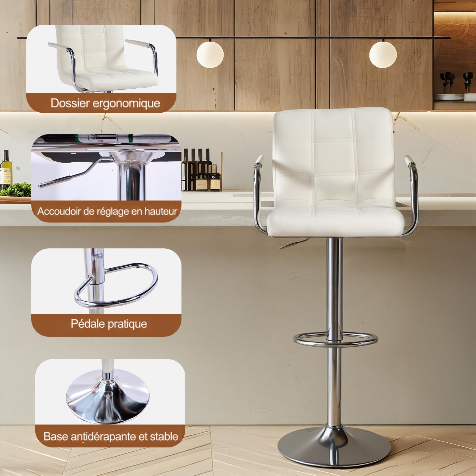 Panana Lot de 2 Tabourets de Bar, Chaises Haut, Hauteur Réglable, Revêtement en PU, Rotatif sur 360°, avec Accoudoirs, Dossier et Repose-Pieds, Pied Chromé (Beige)