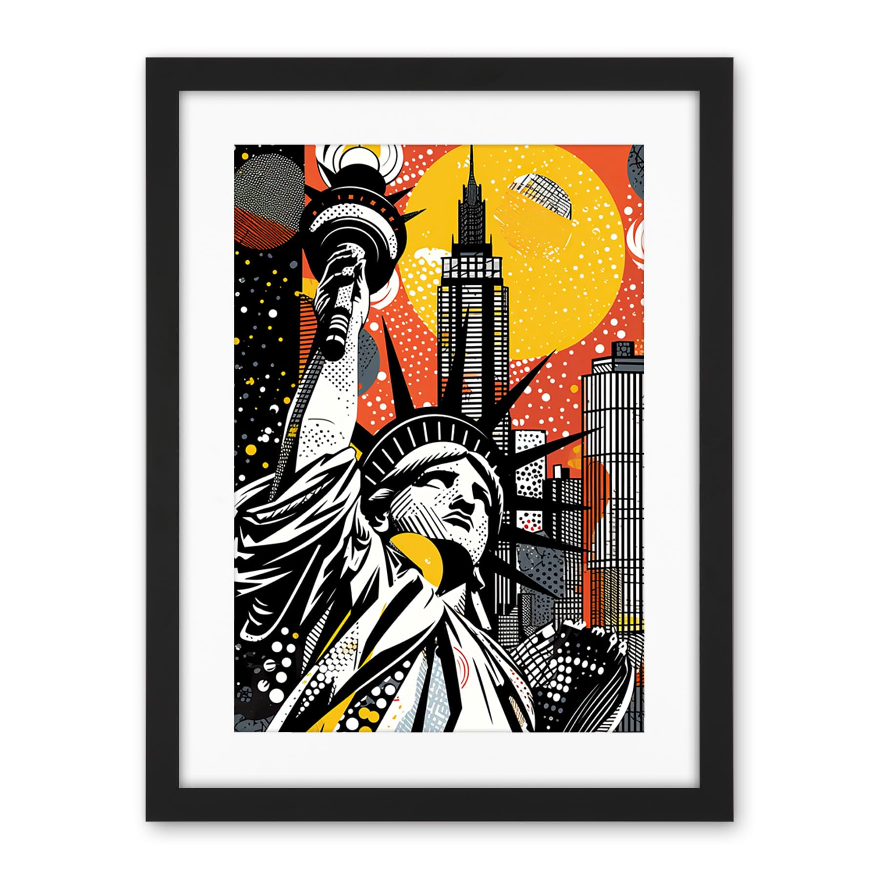Artery8 New York Collage Halftone Pop Art Comic Book Statue of Liberty Skyscraper Abstract Artwork Framed Wall Art Print 18X24 Inch