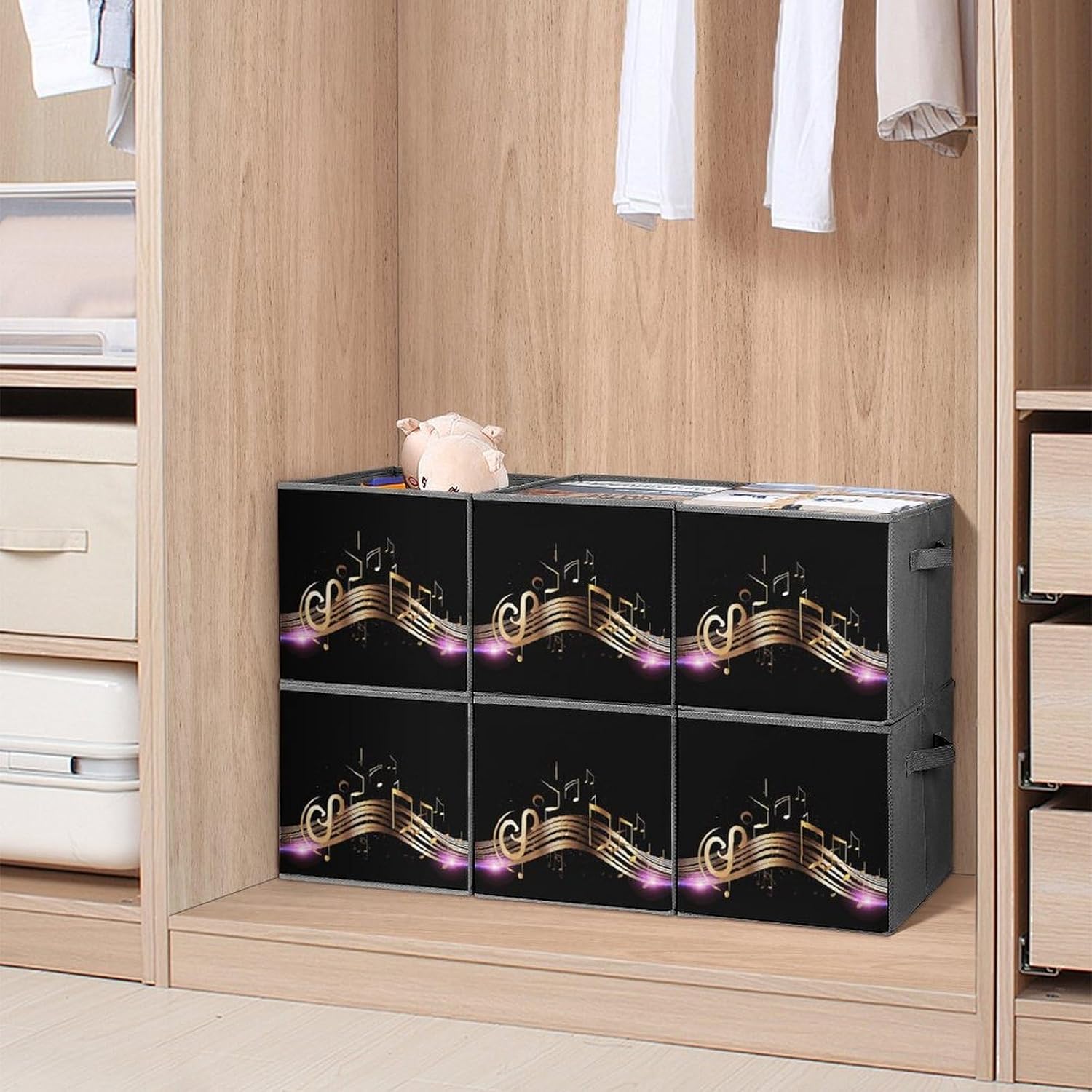 Novel Music Note Storage Cubes Set of 6 Storage Bins with Handles Collapsible Storage Basket Fabric Storage Box for Shelves Large Closet Shelf Organizer for Organization 11 Inch