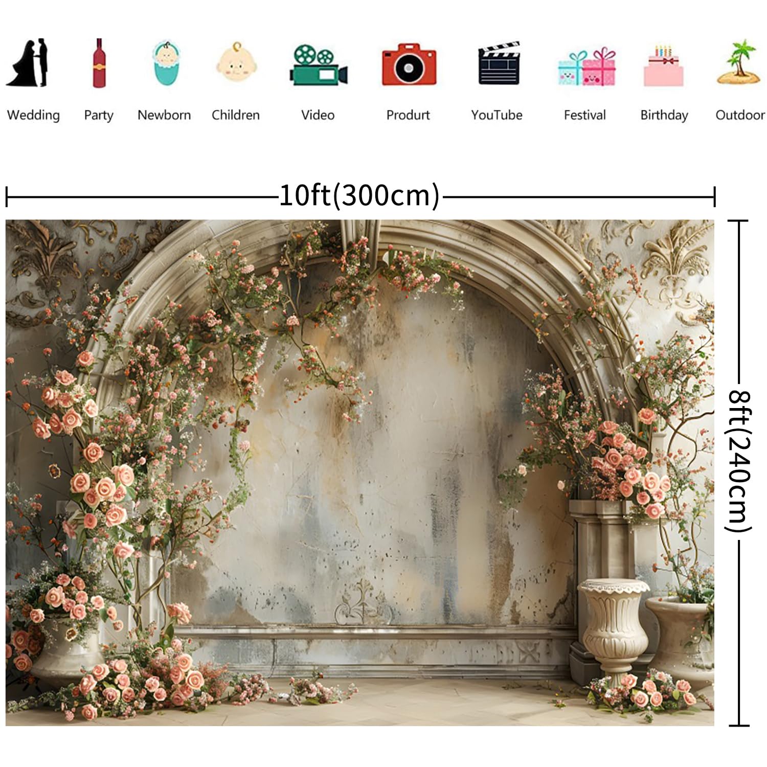 3x2.4m Telón de Fondo para Bodas Rosa Flor Retro Medieval Edificio Fotografía de Fondo Ducha de Novia Boda de Compromiso Decoraciones Banner Photo Booth Props