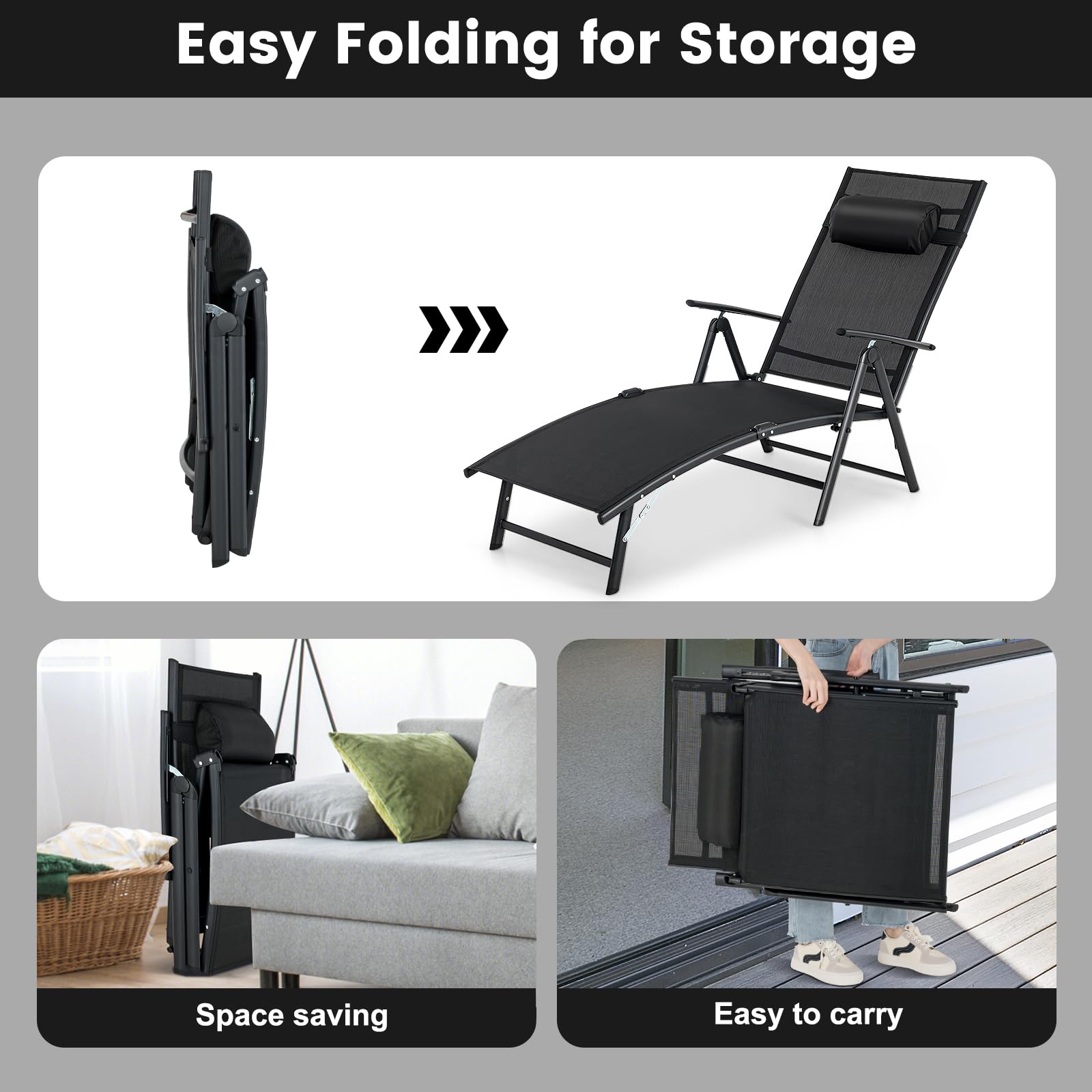 KOMFOTTEU Sedia a sdraio con poggiatesta, lettino pieghevole con schienale regolabile in 7 posizioni, carico 150 kg, sedia da esterno ergonomica con braccioli, 142 x 61 x 103 cm (nero)