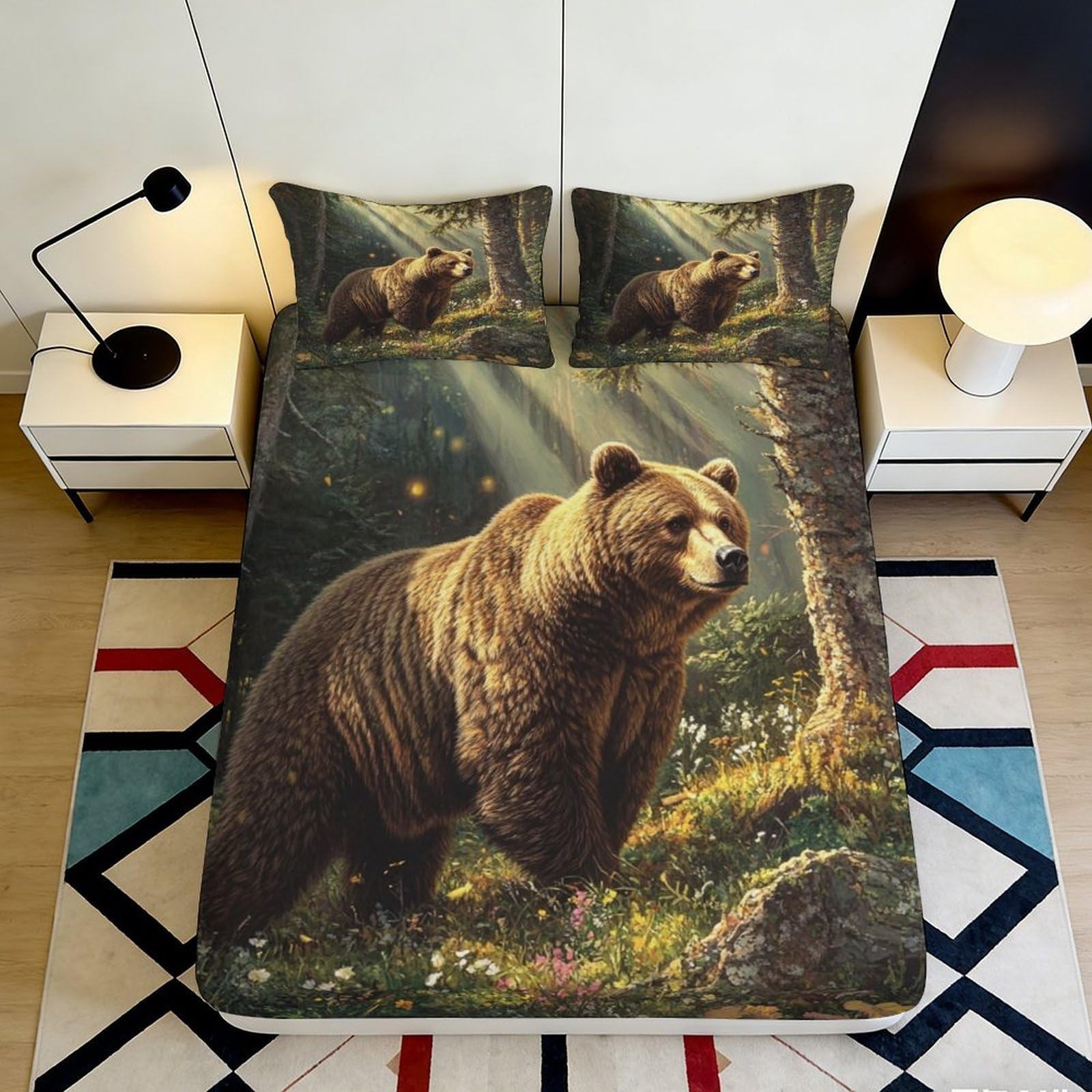 3D Printed Forest Bear Fitted Sheet Microfiber Deep Pocket Elastic Hem Forest Mattress Fitted Cover Bedroom Bedding 140x200x25cm