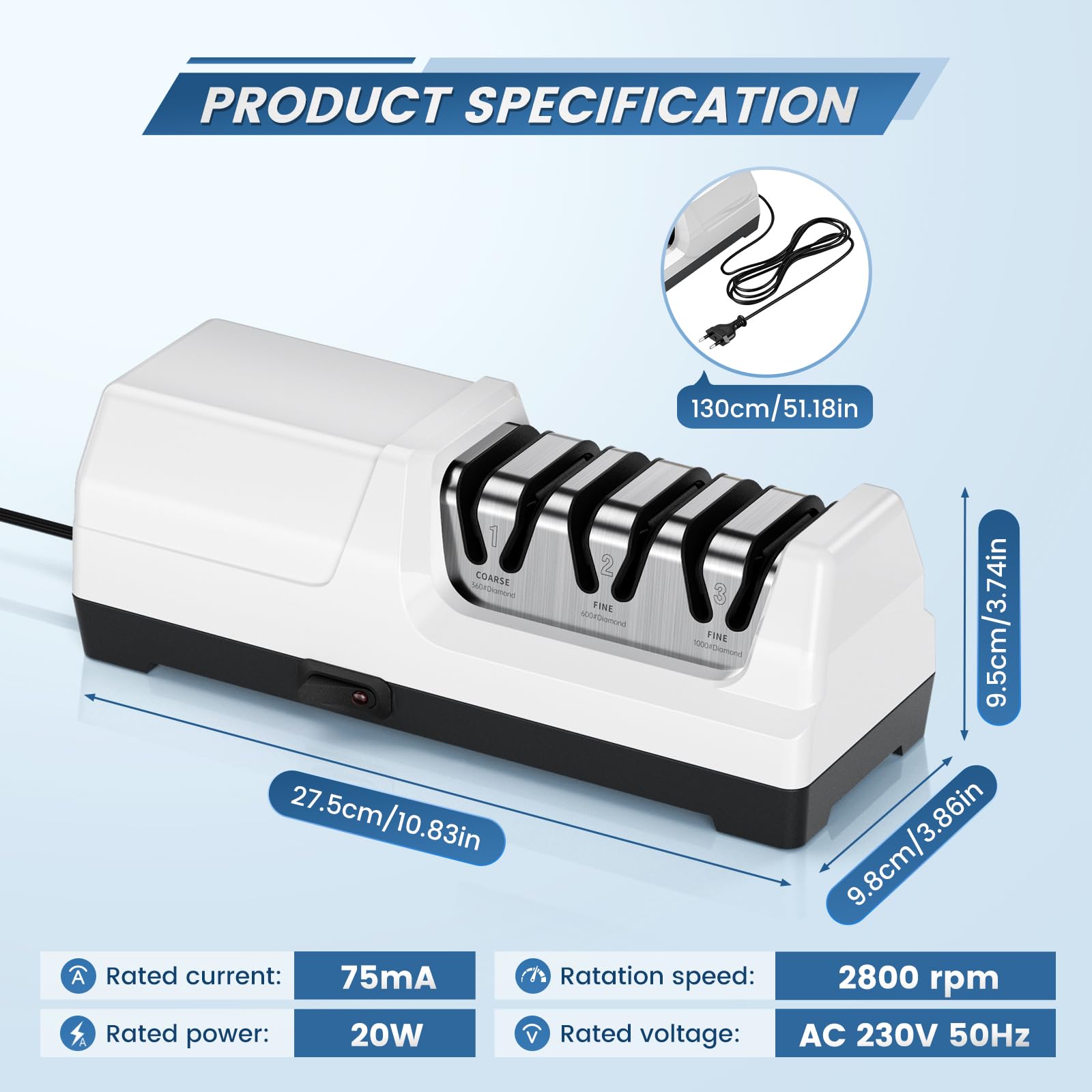 Afilador de Cuchillos Eléctrico Profesional con 3 Niveles, Discos de Diamante, Protección contra Sobrecalentamiento, Motor Silencioso, Afilado Rápido de Cuchillos de Cocina