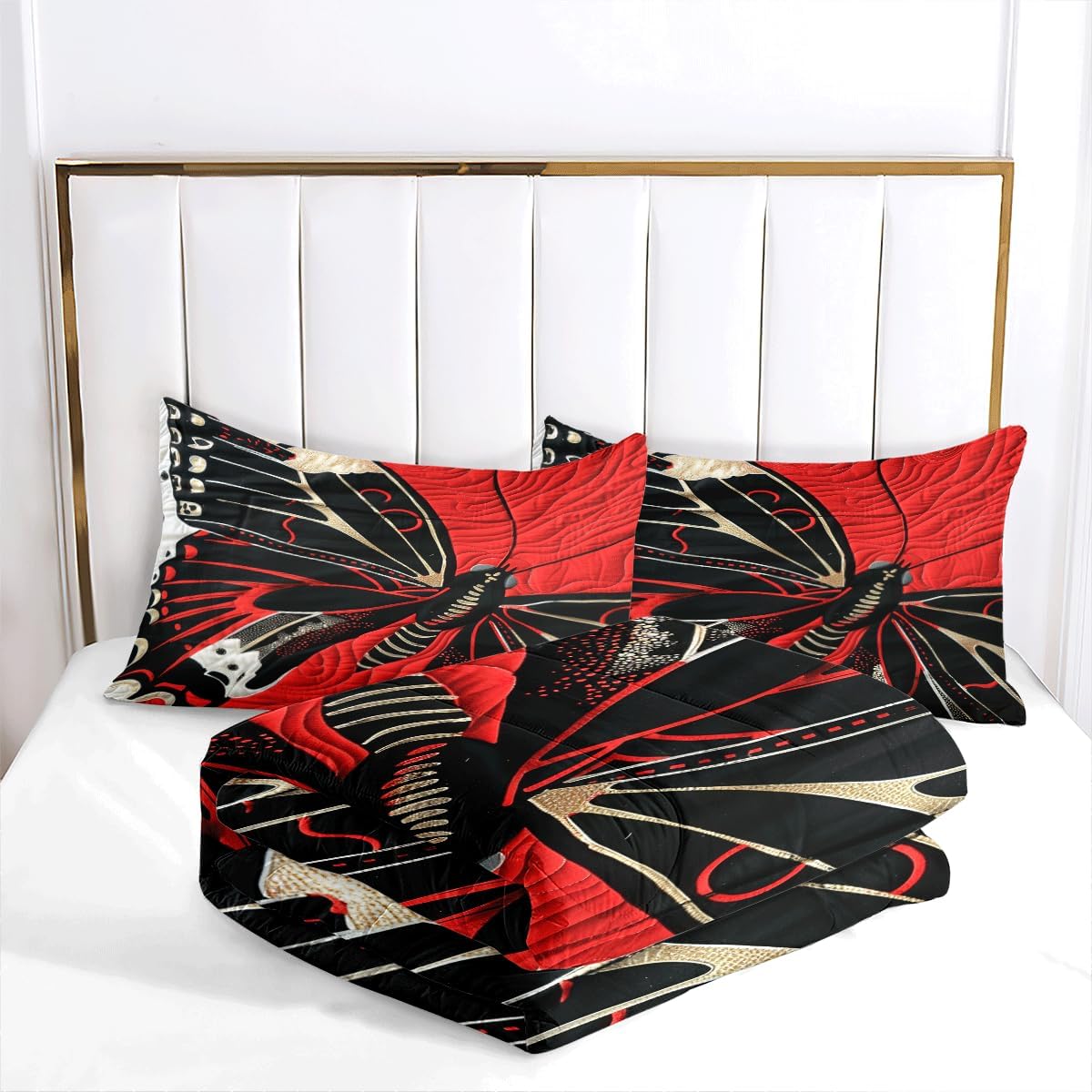 Butterfly Comforter Set Black Red Reversible Butterfly Bedding Set King Size Chic Boho Butterfly Print Bedding Set 3Pcs with 2 Pillowcases