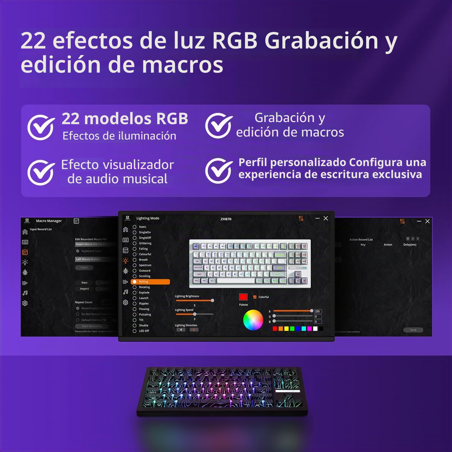 ZORNHER ZH870 Teclado para gaming inalámbrico, teclado mecánico 80% inalámbrico, negro con teclas Contour IMD PC, interruptores lineales cremosos, intercambio en caliente, iluminación RGB