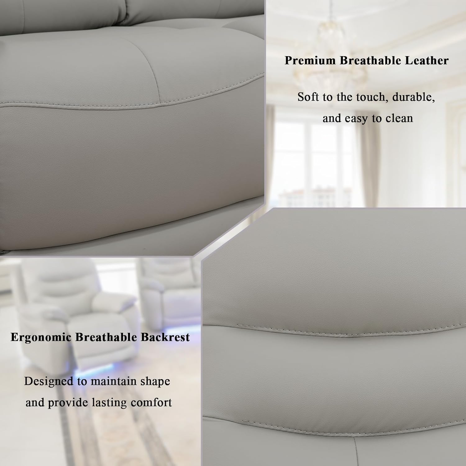 3-Piece Power Recliner Sofa Set, Breathing Leather Sofa Set, Living Room Furniture Sets with Storage Console/Cup Holder/LED Light/USB Port for Apartment, Office（Light Grey）
