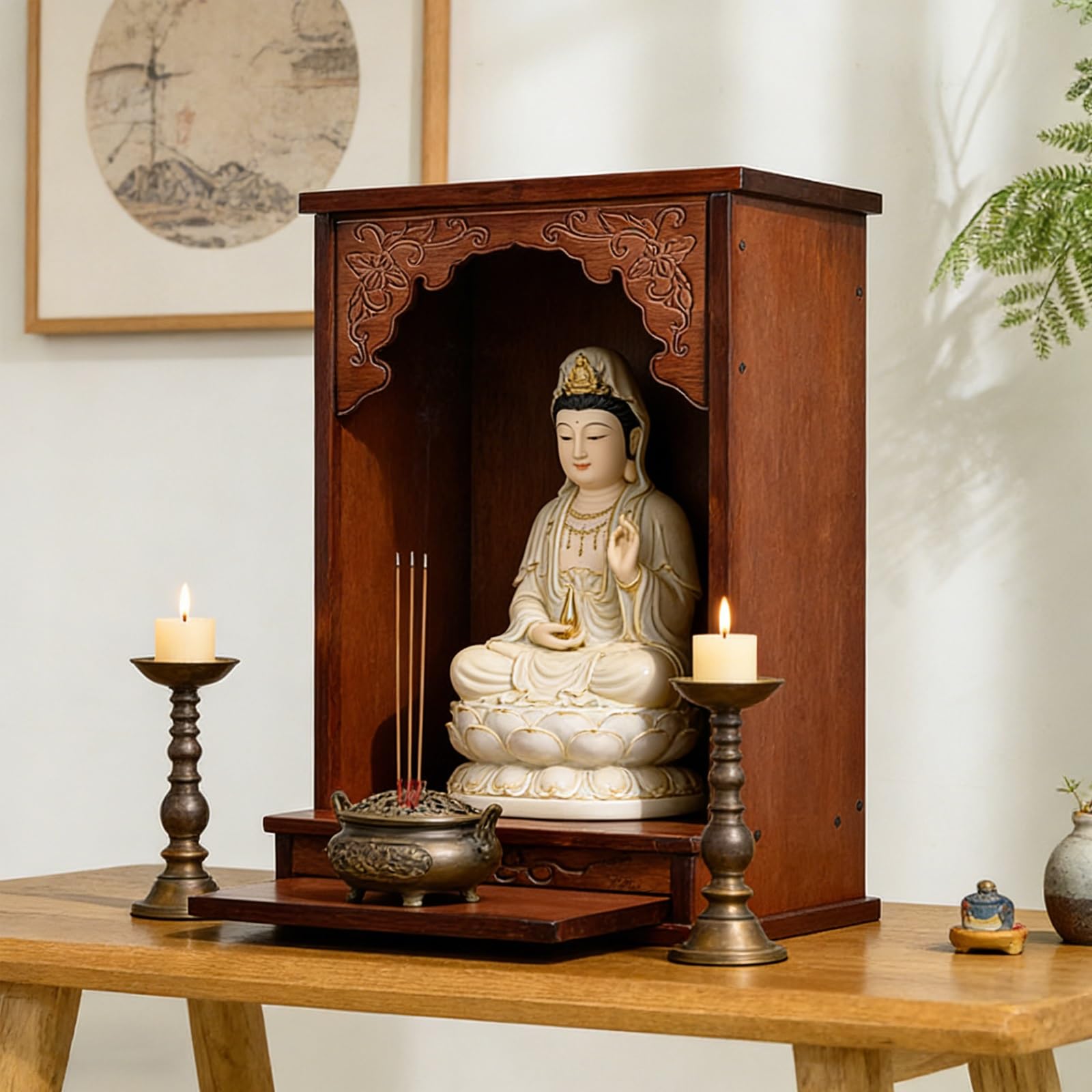 JNTFNE Wall Mounted/Tabletop Bamboo Altar Cabinet, Chinese Carved Buddha Shrine with Pull-Out Tray for Home Worship, Feng Shui Table & God Statues(Rosewood-Desktop,30cm/11.8in)