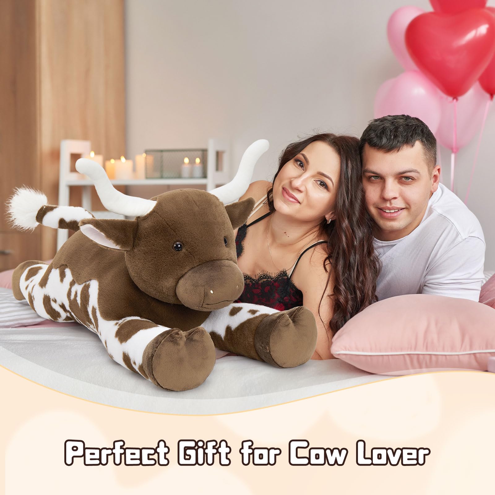 KERTA 43.3 Giant Longhorn Cow Stuffed Animal, Hugging Fluffy Stuffed Cow Plush Body Pillow, Realistic Large Texas Longhorn Bull Farm Plush Toy for Boys Girls 7