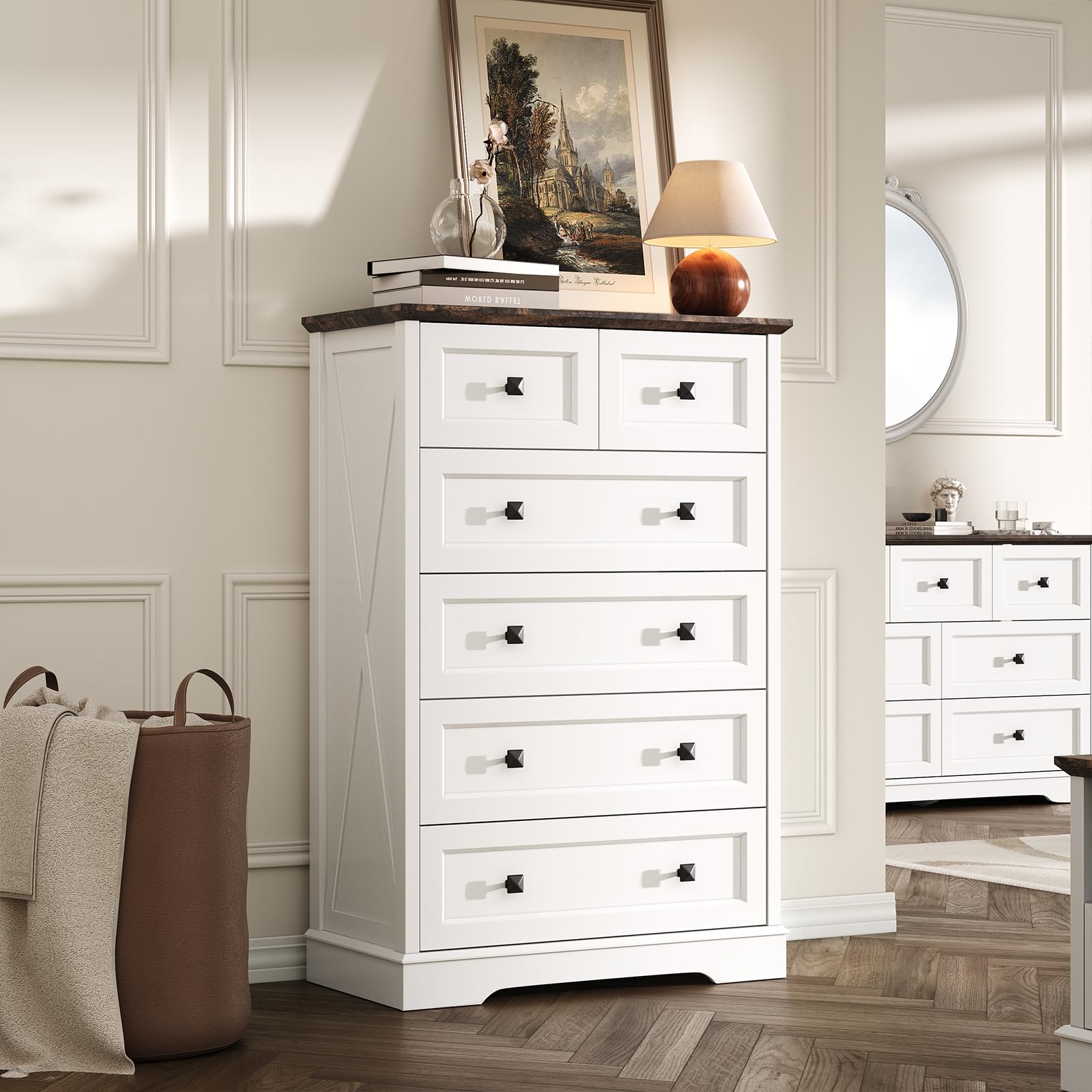 FFBCFDK Farmhouse 6 Drawers Dresser Chests for Bedroom, White 6 Chest of Drawers, Wood Dressers Organizer for Closet, Modern Storage Organizer Cabinet for Bedroom,Living Room,Hallway & Entryway