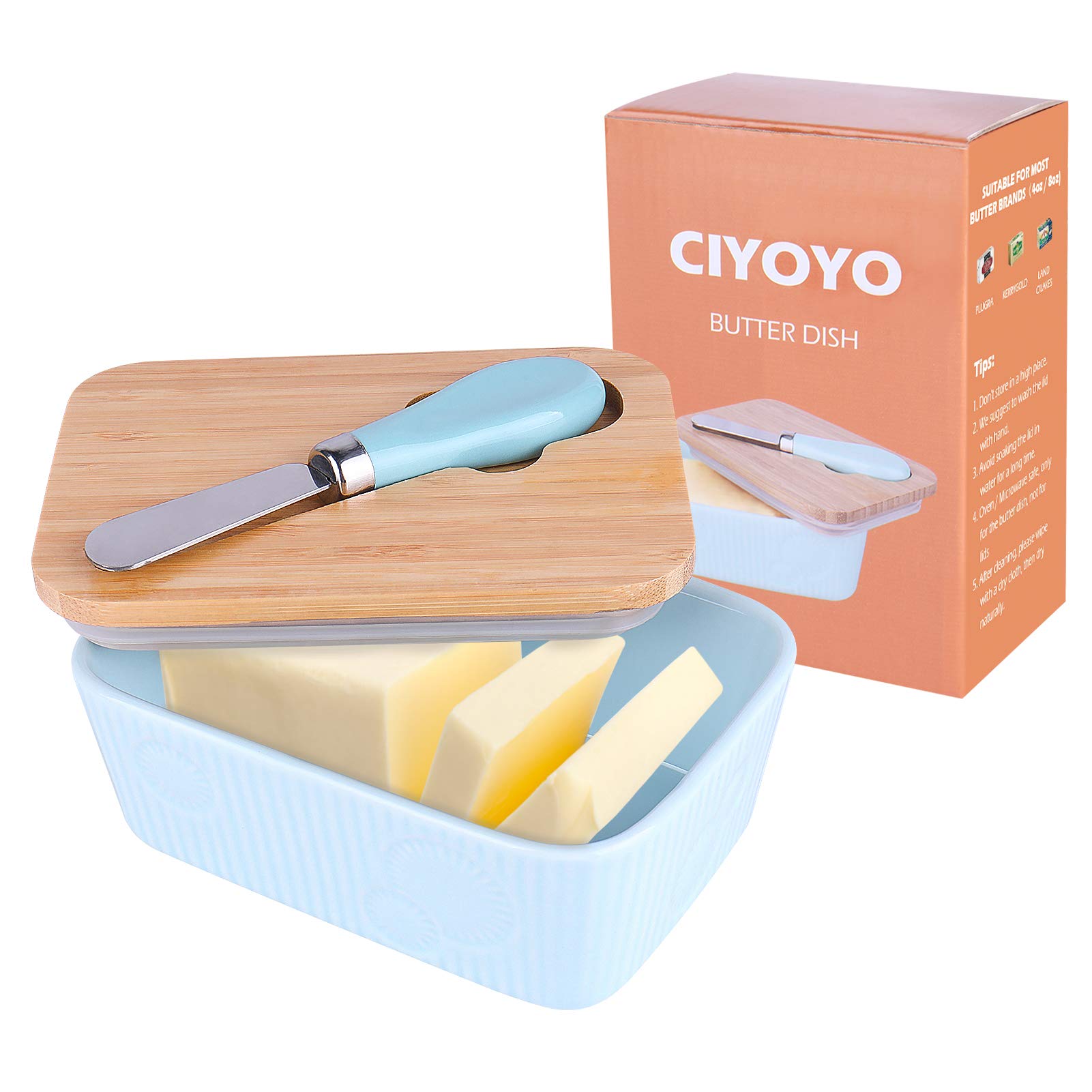 Ceramic Butter Dish with Lid, Porcelain Butter Container Keeper with Bamboo Lid Steel Knife for Countertop, CIYOYO 2021 New Covered Butter Storage for Small Butter, Blue