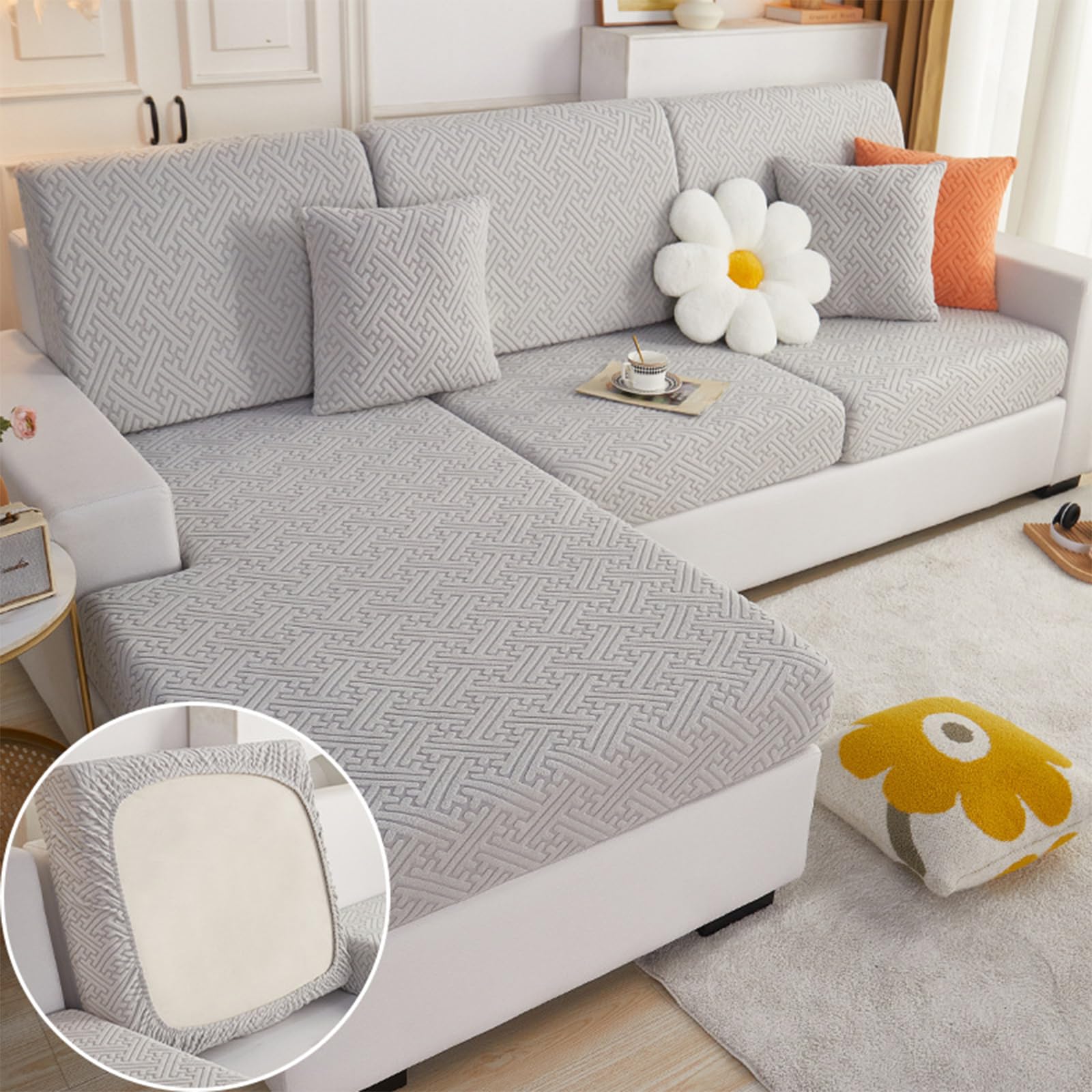 GYWZTJ L Shape Sofa Cover, Stretch Sofa Cover, Corner Sofa Cover of High-Density Jacquard Velvet, Wear-Resistant Waterproof Elastic Sofa Cover Combination（Leaf Stripes）（Light Gray, Single Seat Cover）