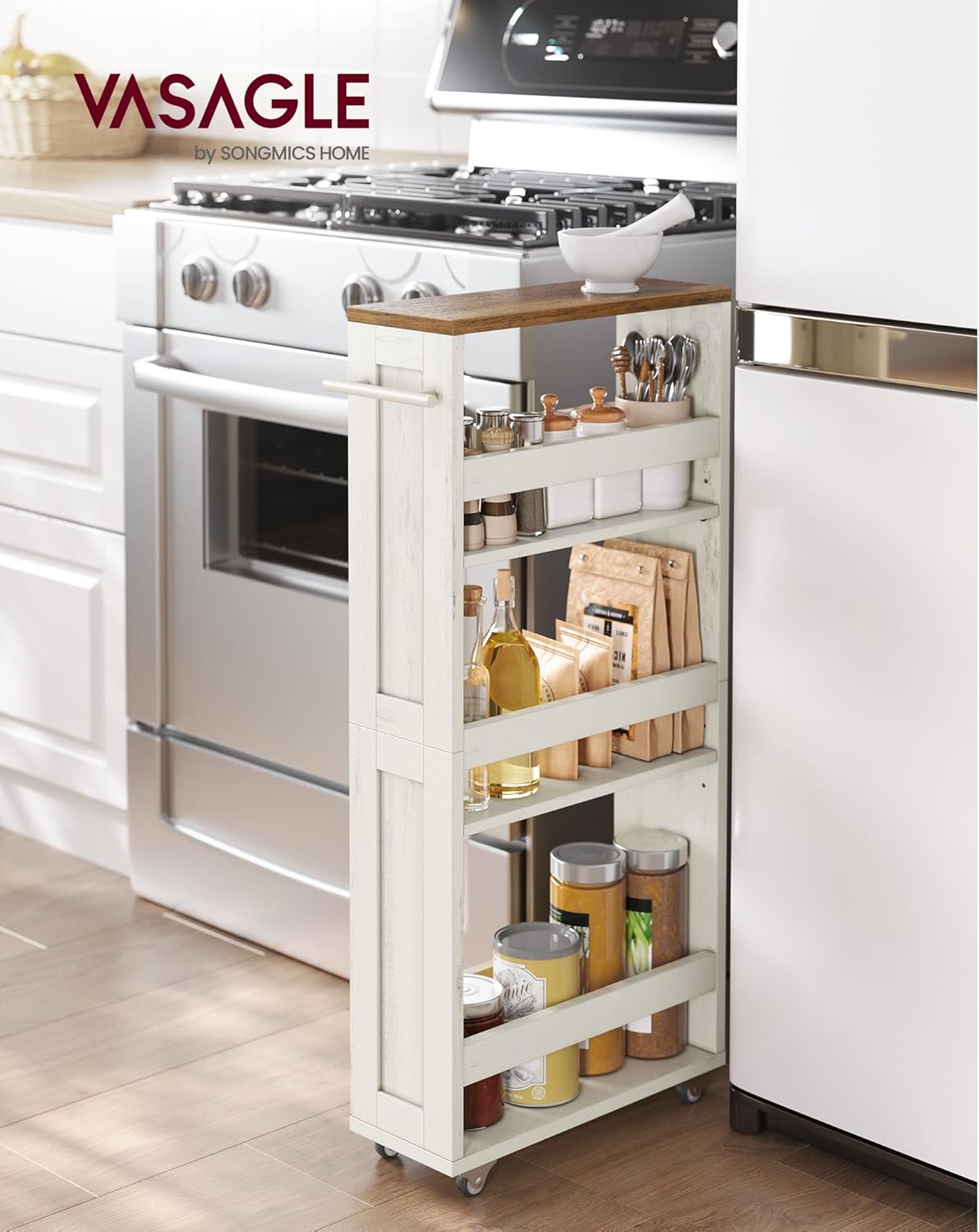 VASAGLE 4-Tier Slide-Out Storage Cart, Slim Kitchen Cart for Small Spaces, with Wheels, Handle, Bathroom, Laundry Room, 5.9 x 17 x 34.1 Inches, Rustic White and Honey Brown ULRC050K01 - Image 2